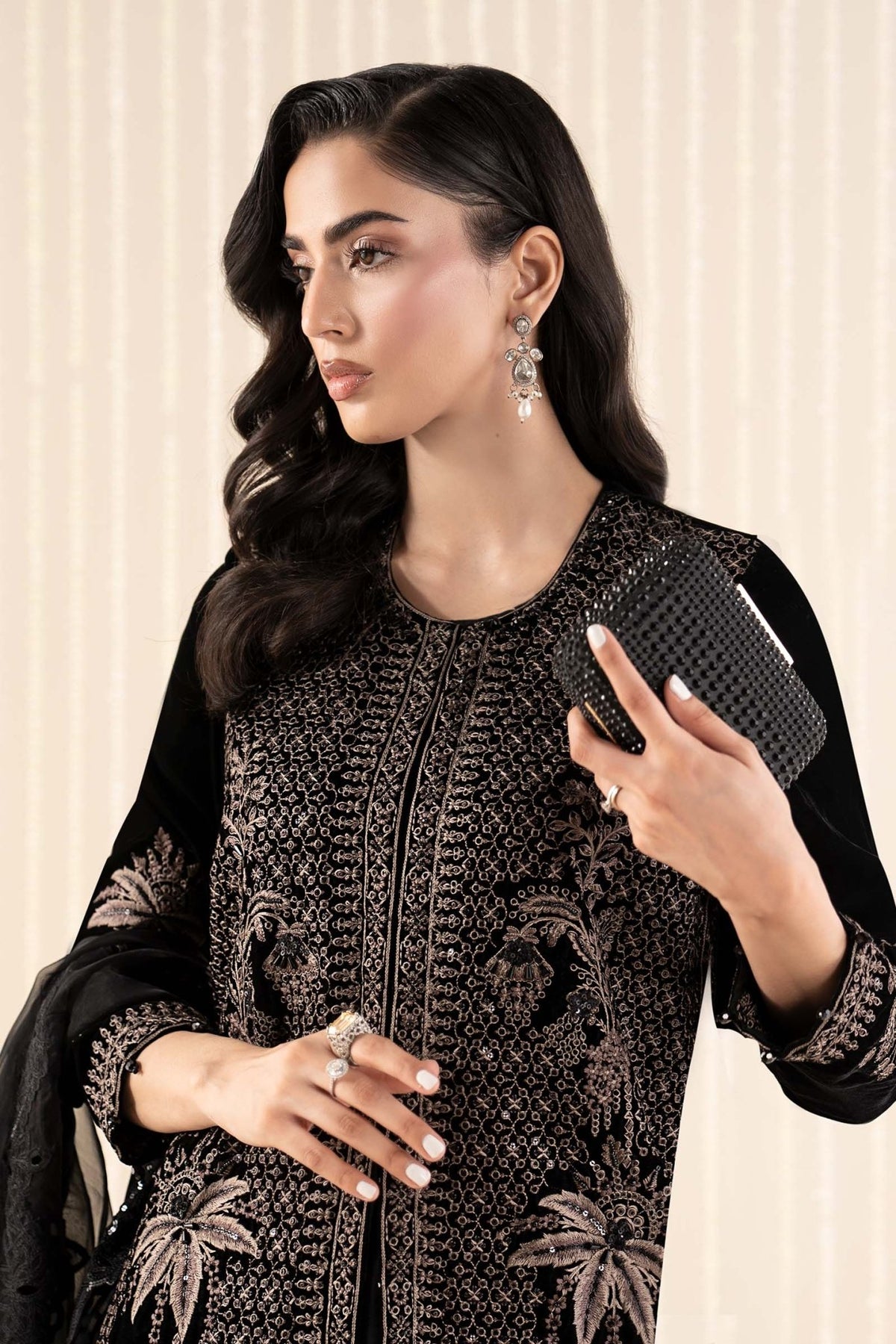 Maria B | RTW | 3 Piece Embroidered Velvet Suit-Brand:Maria B-Type:Luxury Formals-Black - House of Maryam- Buy in UK, USA