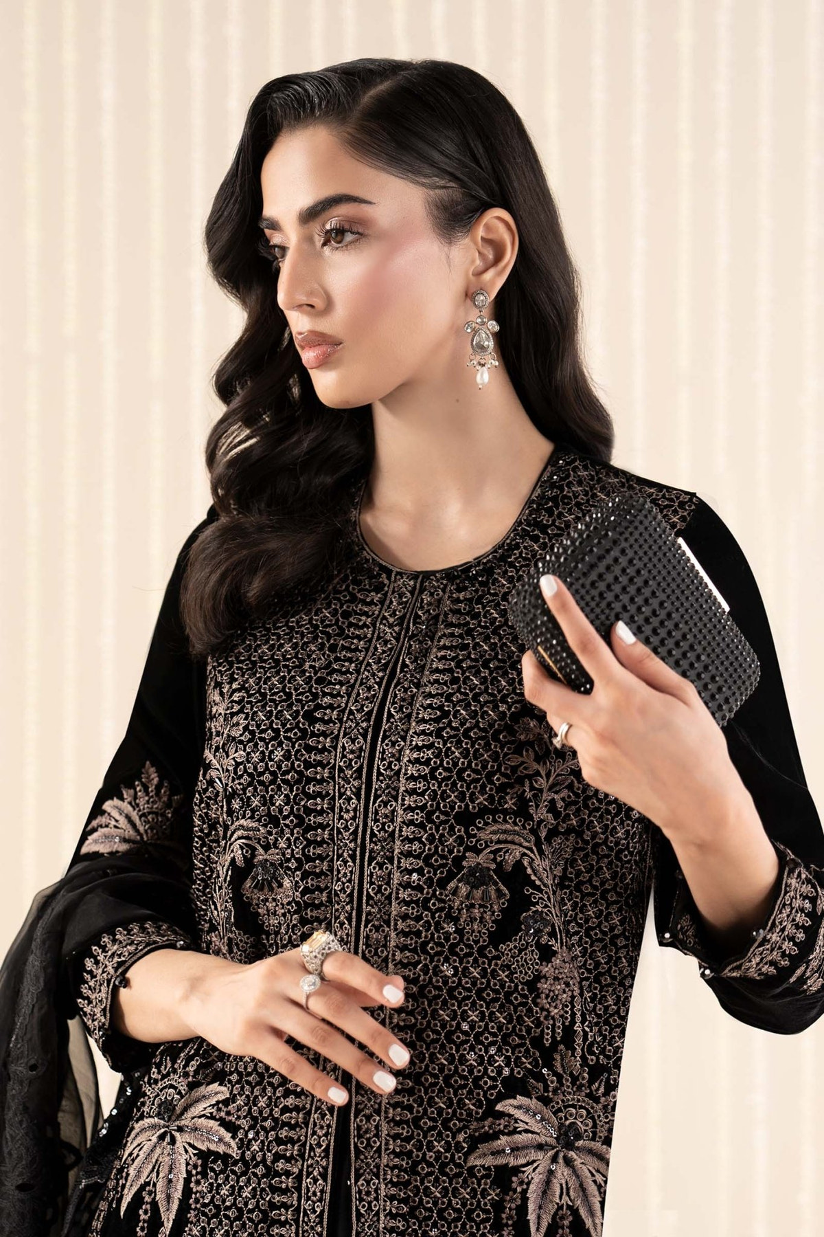 Maria B | RTW | 3 Piece Embroidered Velvet Suit-Brand:Maria B-Type:Luxury Formals-Black - House of Maryam- Buy in UK, USA