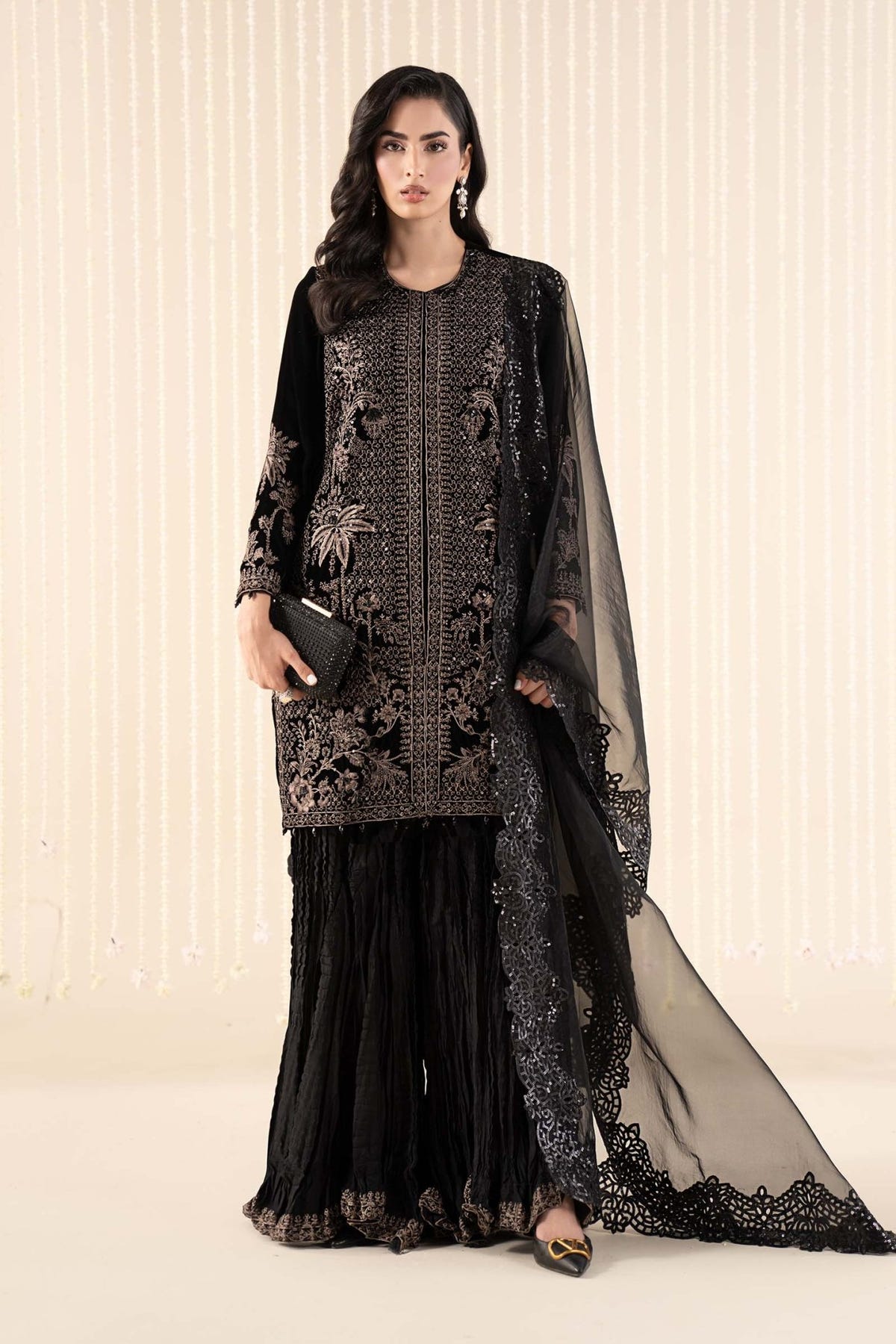 Maria B | RTW | 3 Piece Embroidered Velvet Suit-Brand:Maria B-Type:Luxury Formals-Black - House of Maryam- Buy in UK, USA