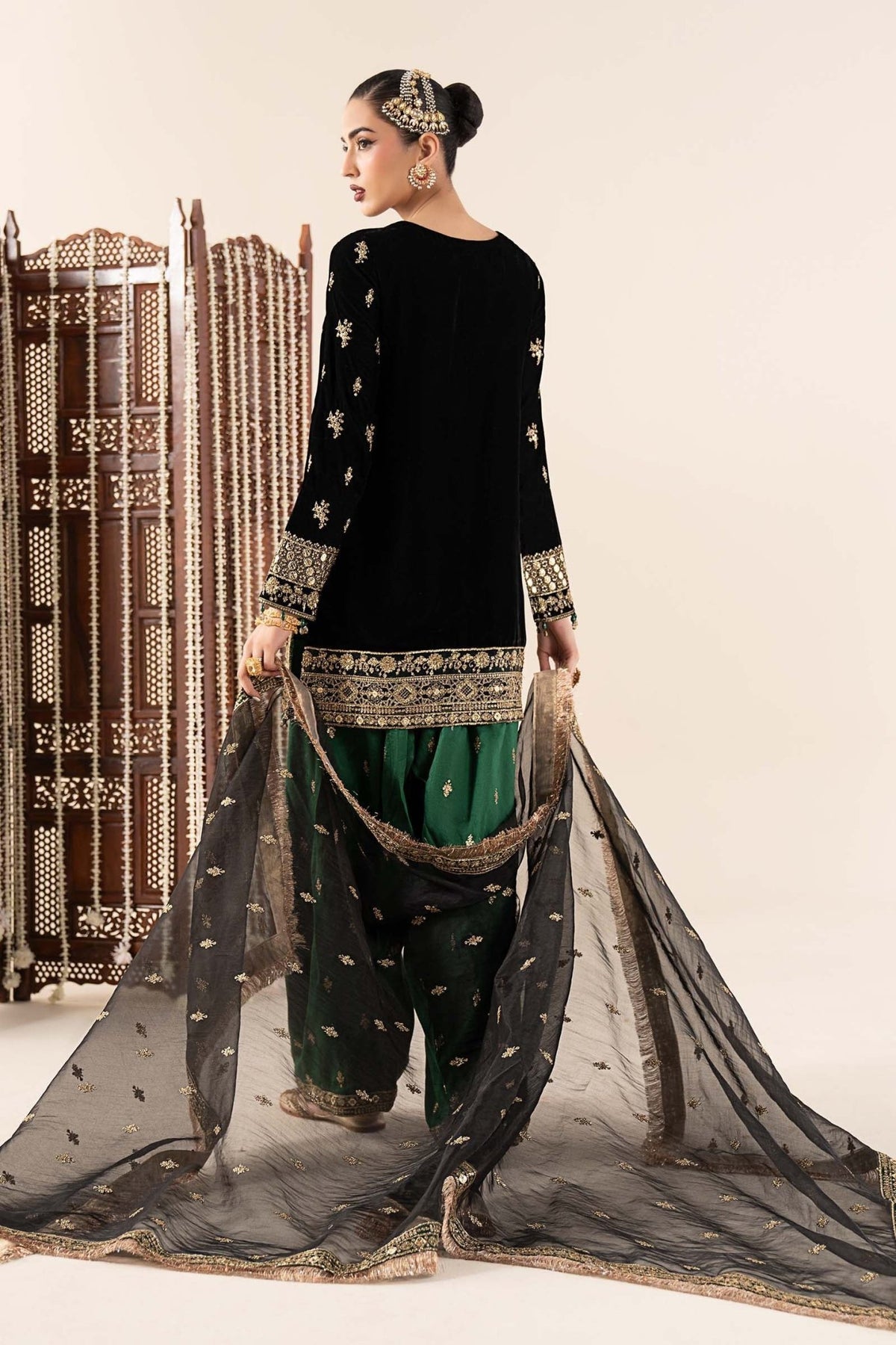 Maria B | RTW | 3 Piece Embroidered Velvet Suit-Brand:Maria B-Type:Luxury Formals-Black - House of Maryam- Buy in UK, USA