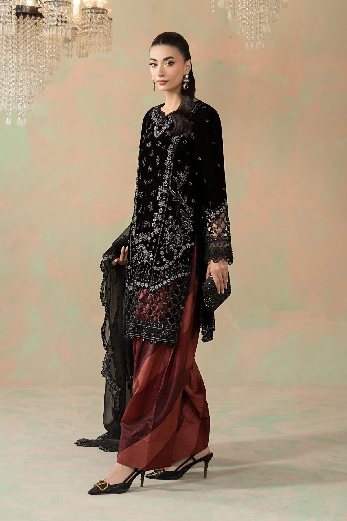 Maria B | RTW | 3 Piece Embroidered Velvet Suit-Brand:Maria B-Type:Luxury Formals-Black - House of Maryam- Buy in UK, USA