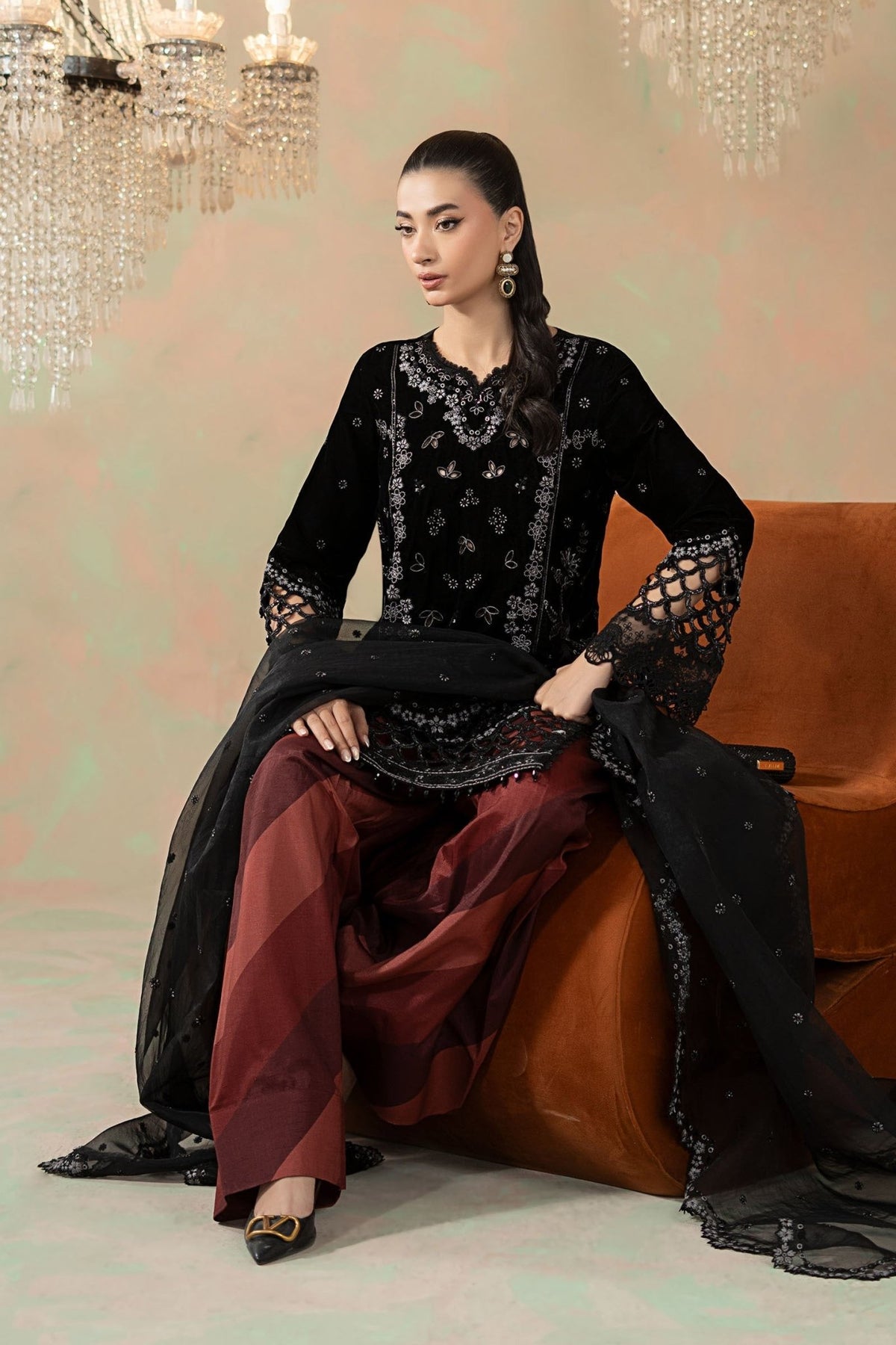 Maria B | RTW | 3 Piece Embroidered Velvet Suit-Brand:Maria B-Type:Luxury Formals-Black - House of Maryam- Buy in UK, USA