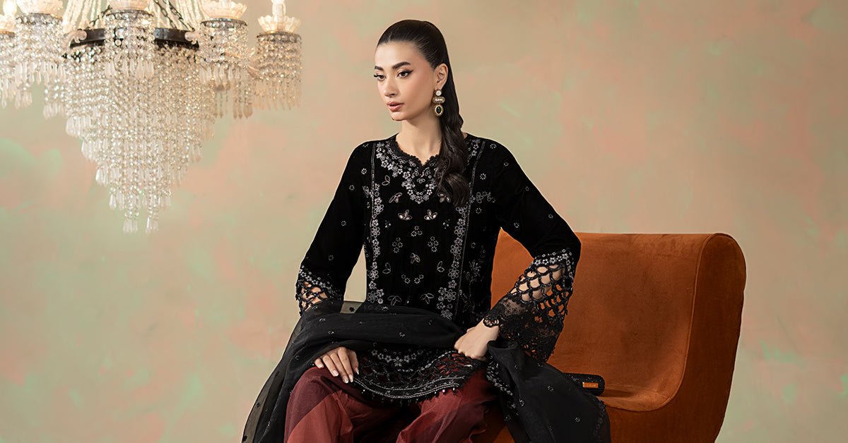 Maria B | RTW | 3 Piece Embroidered Velvet Suit-Brand:Maria B-Type:Luxury Formals-Black - House of Maryam- Buy in UK, USA
