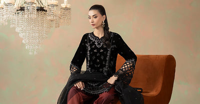 Maria B | RTW | 3 Piece Embroidered Velvet Suit-Brand:Maria B-Type:Luxury Formals-Black - House of Maryam- Buy in UK, USA