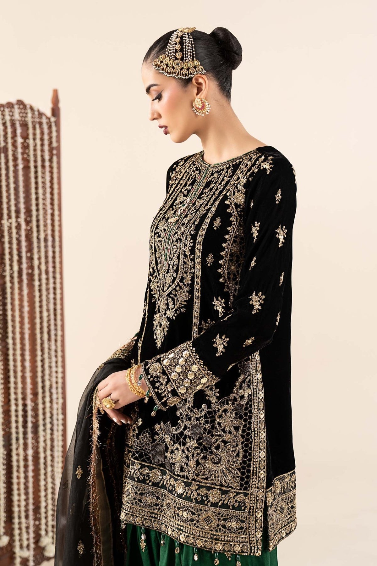Maria B | RTW | 3 Piece Embroidered Velvet Suit-Brand:Maria B-Type:Luxury Formals-Black - House of Maryam- Buy in UK, USA