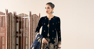 Maria B | RTW | 3 Piece Embroidered Velvet Suit-Brand:Maria B-Type:Luxury Formals-Blue - House of Maryam- Buy in UK, USA