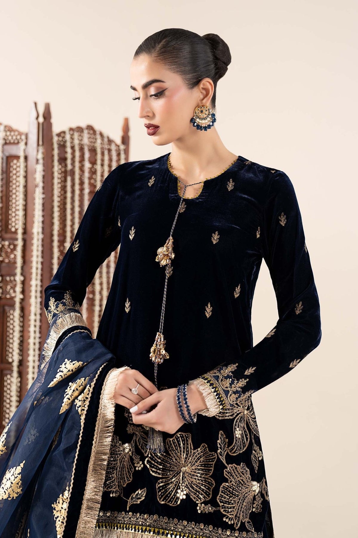 Maria B | RTW | 3 Piece Embroidered Velvet Suit-Brand:Maria B-Type:Luxury Formals-Blue - House of Maryam- Buy in UK, USA