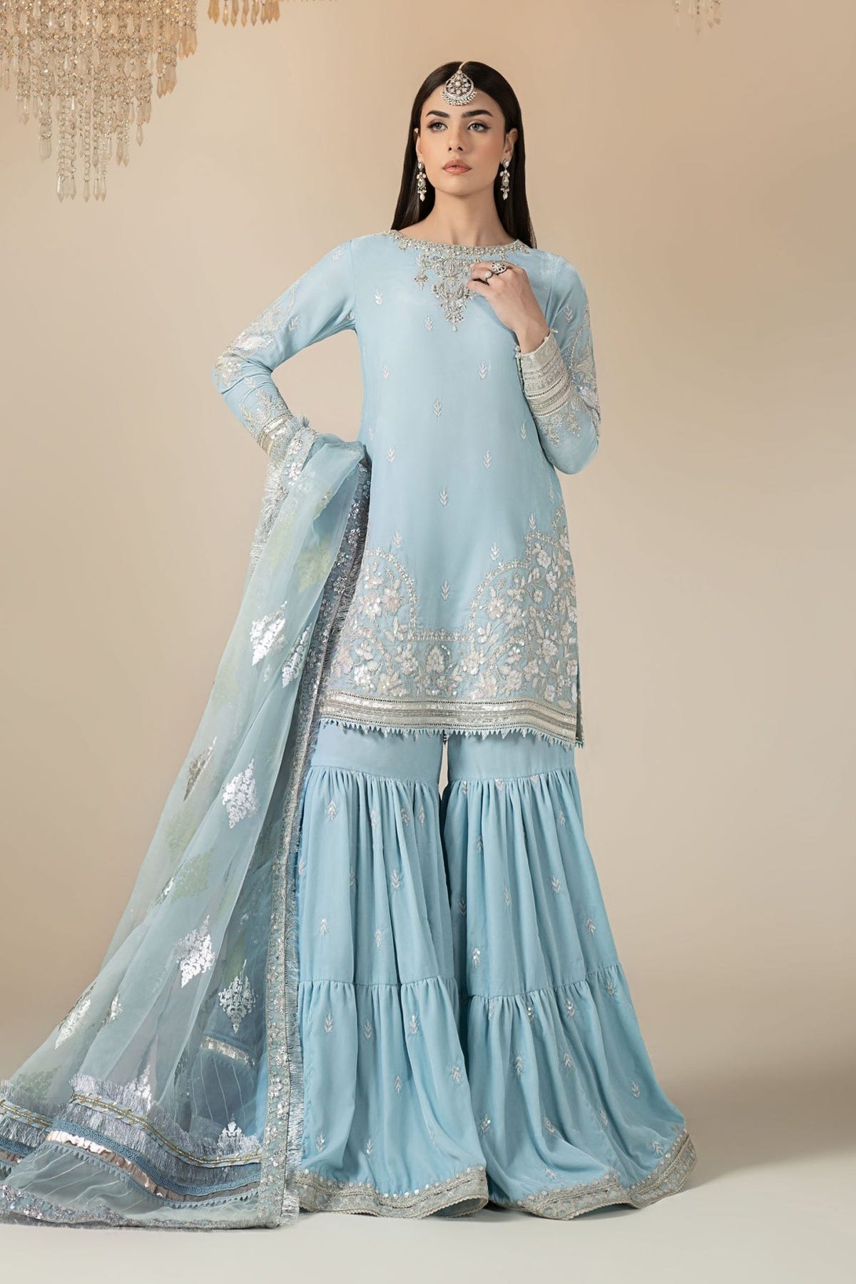 Maria B | RTW | 3 Piece Embroidered Velvet Suit-Brand:Maria B-Type:Luxury Formals-Blue - House of Maryam- Buy in UK, USA