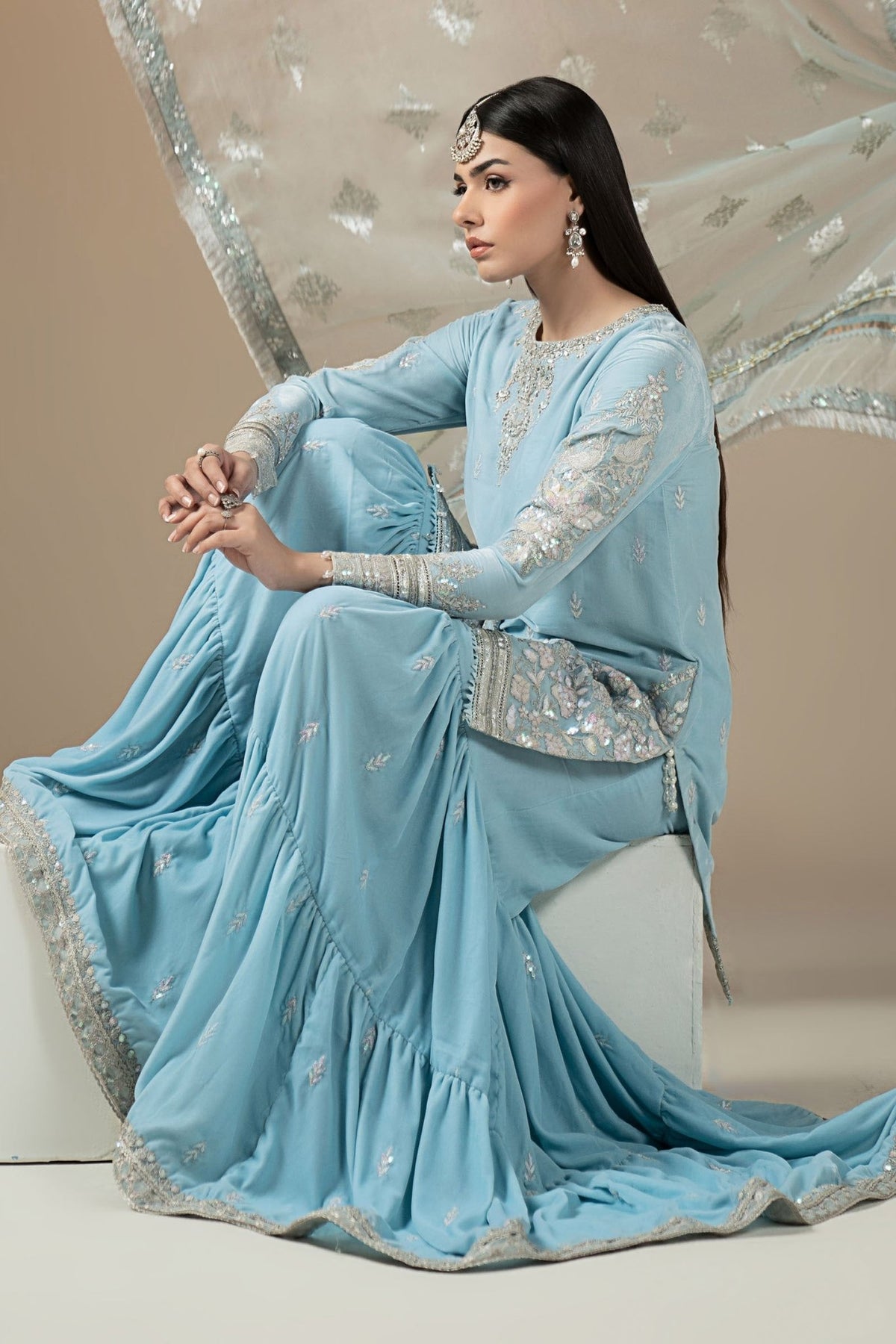 Maria B | RTW | 3 Piece Embroidered Velvet Suit-Brand:Maria B-Type:Luxury Formals-Blue - House of Maryam- Buy in UK, USA