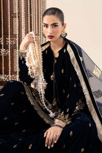 Maria B | RTW | 3 Piece Embroidered Velvet Suit-Brand:Maria B-Type:Luxury Formals-Blue - House of Maryam- Buy in UK, USA