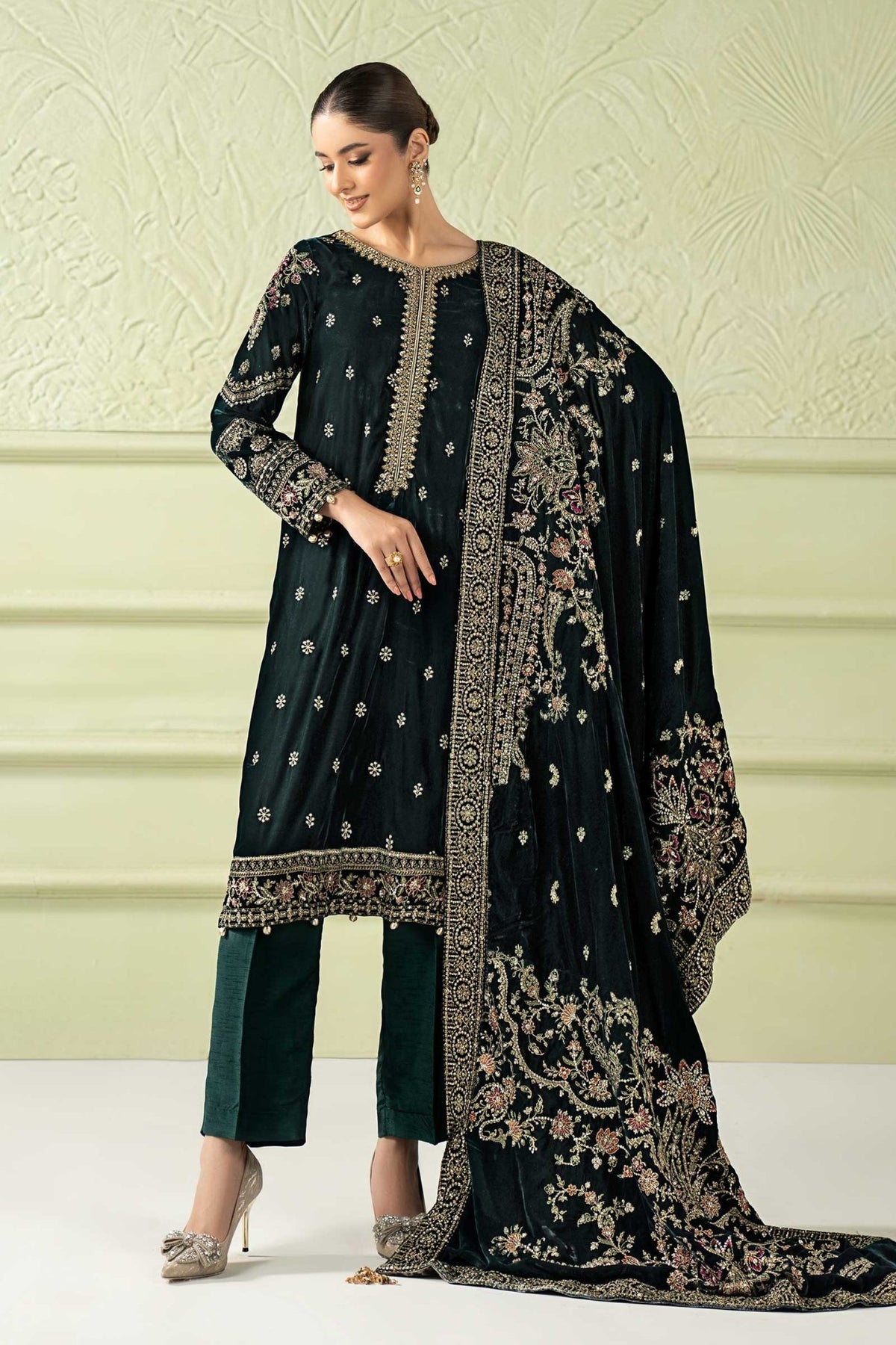 Maria B | RTW | 3 Piece Embroidered Velvet Suit-Brand:Maria B-Type:Luxury Formals-Green - House of Maryam- Buy in UK, USA