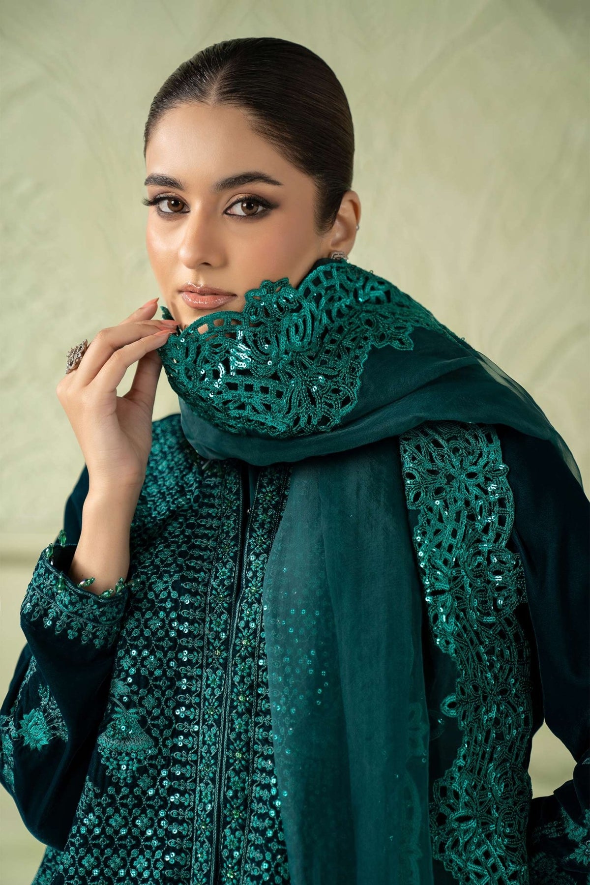 Maria B | RTW | 3 Piece Embroidered Velvet Suit-Brand:Maria B-Type:Luxury Formals-Green - House of Maryam- Buy in UK, USA