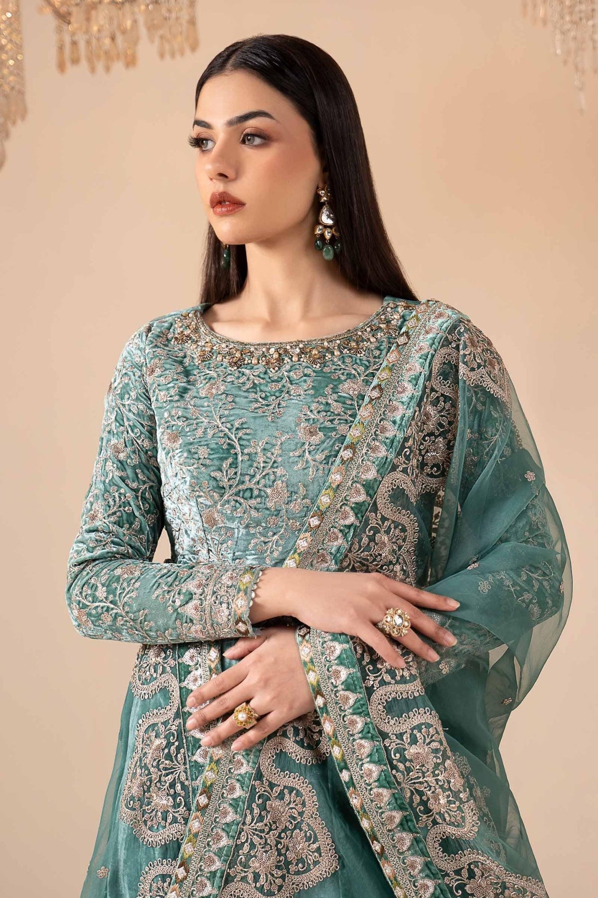 Maria B | RTW | 3 Piece Embroidered Velvet Suit-Brand:Maria B-Type:Luxury Formals-Green - House of Maryam- Buy in UK, USA