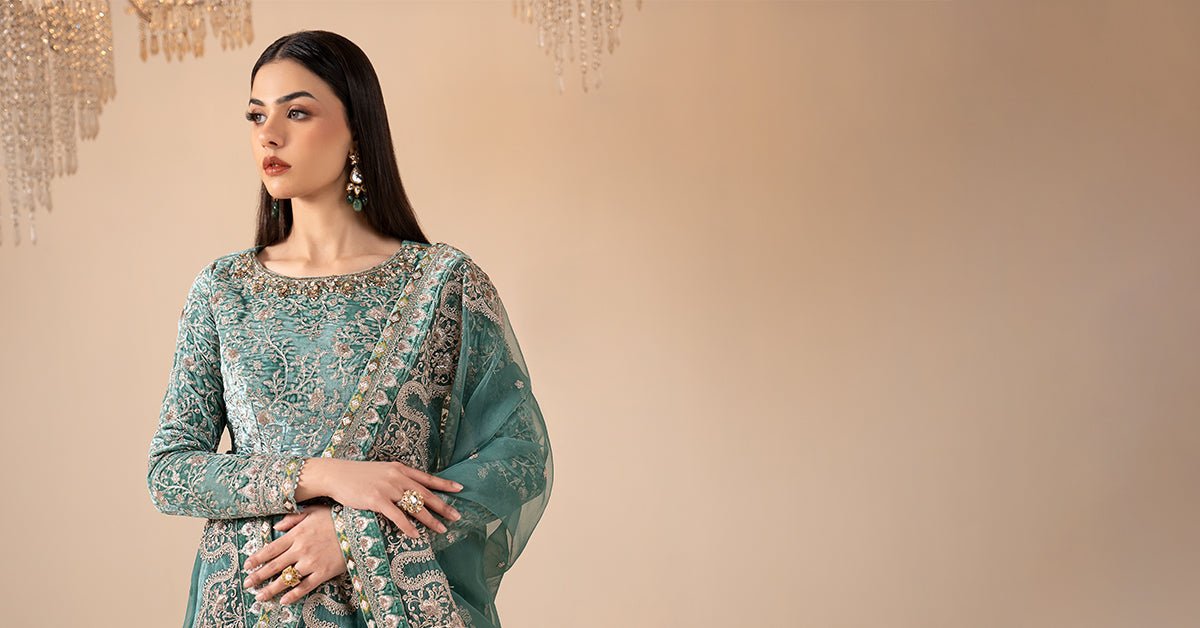 Maria B | RTW | 3 Piece Embroidered Velvet Suit-Brand:Maria B-Type:Luxury Formals-Green - House of Maryam- Buy in UK, USA