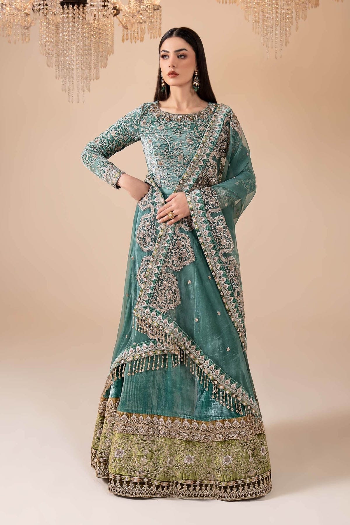 Maria B | RTW | 3 Piece Embroidered Velvet Suit-Brand:Maria B-Type:Luxury Formals-Green - House of Maryam- Buy in UK, USA