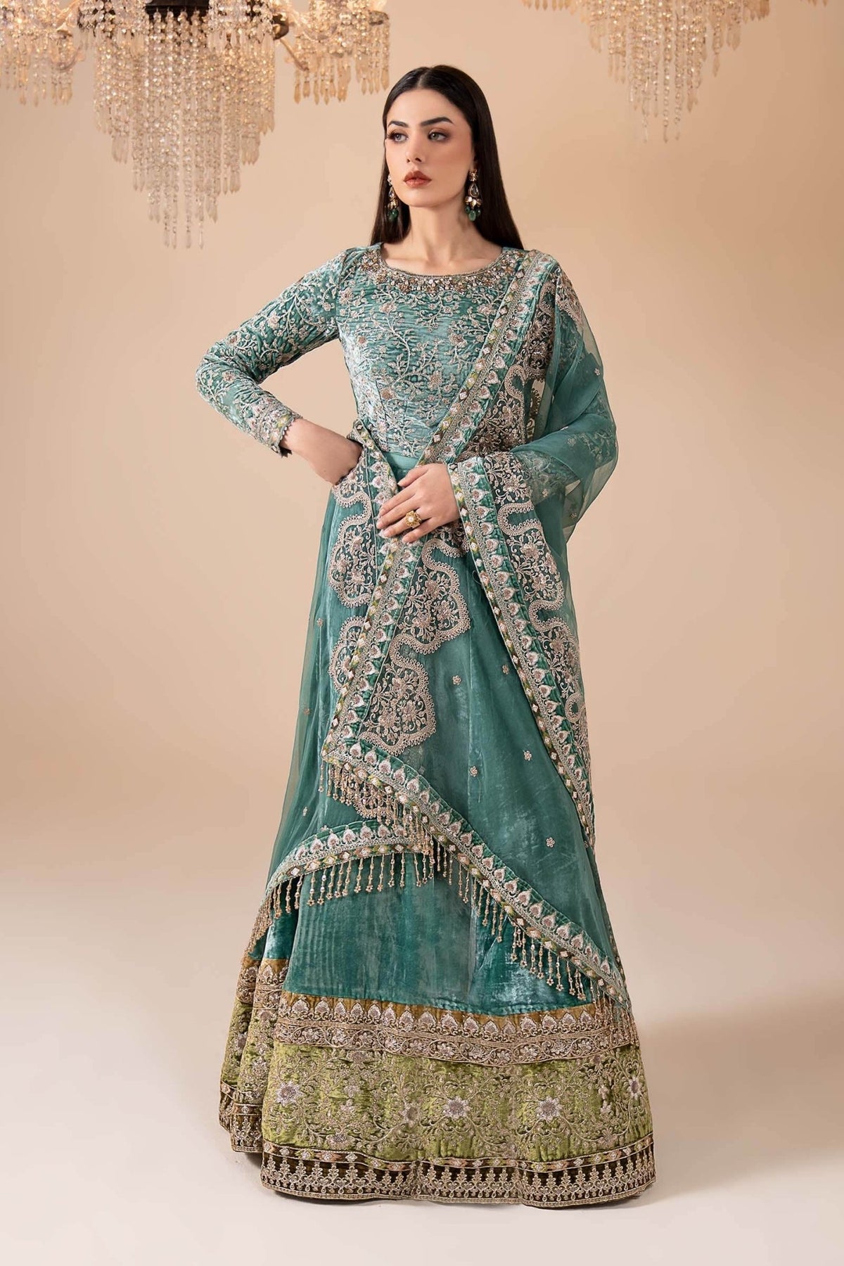 Maria B | RTW | 3 Piece Embroidered Velvet Suit-Brand:Maria B-Type:Luxury Formals-Green - House of Maryam- Buy in UK, USA