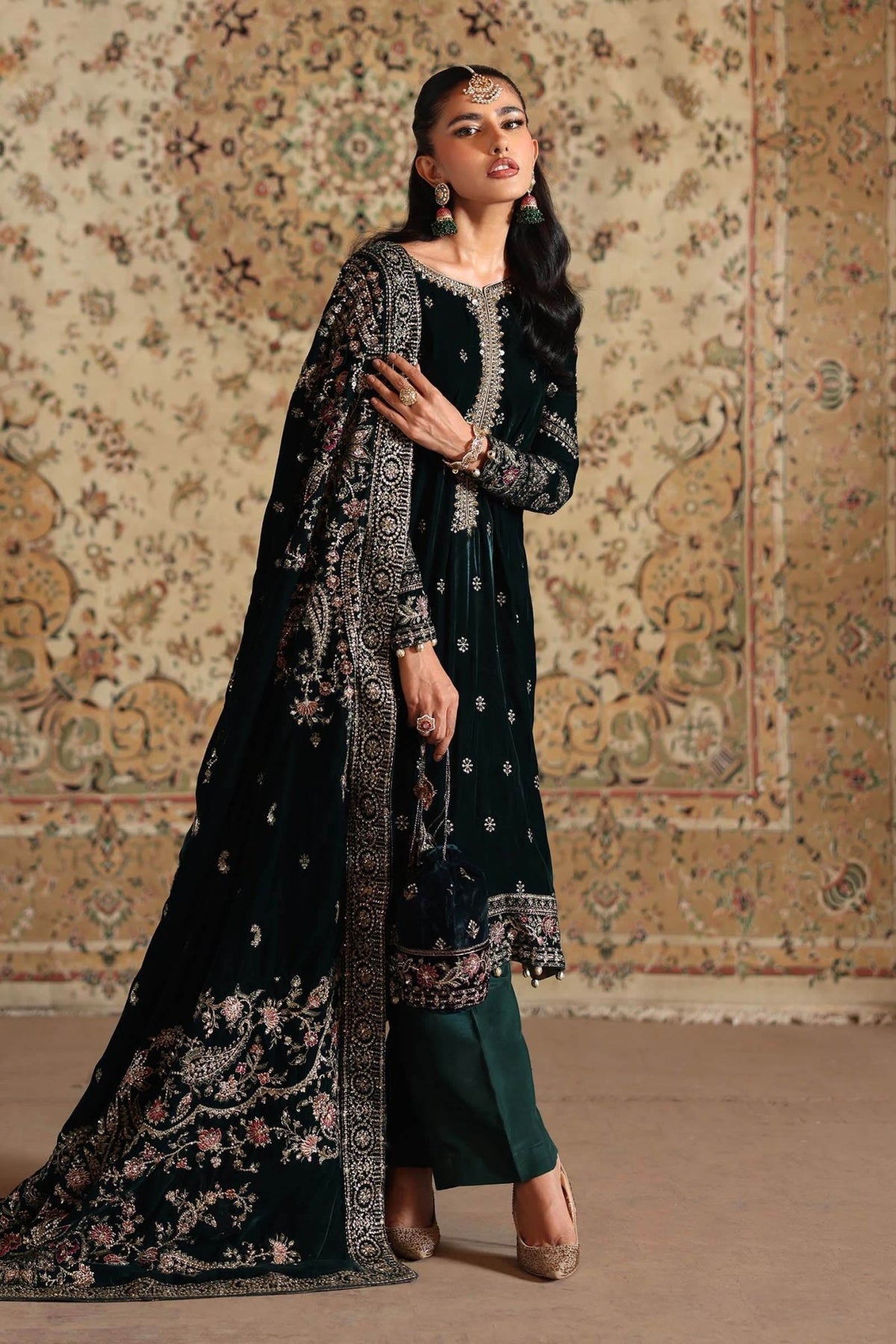 Maria B | RTW | 3 Piece Embroidered Velvet Suit-Brand:Maria B-Type:Luxury Formals-Green - House of Maryam- Buy in UK, USA