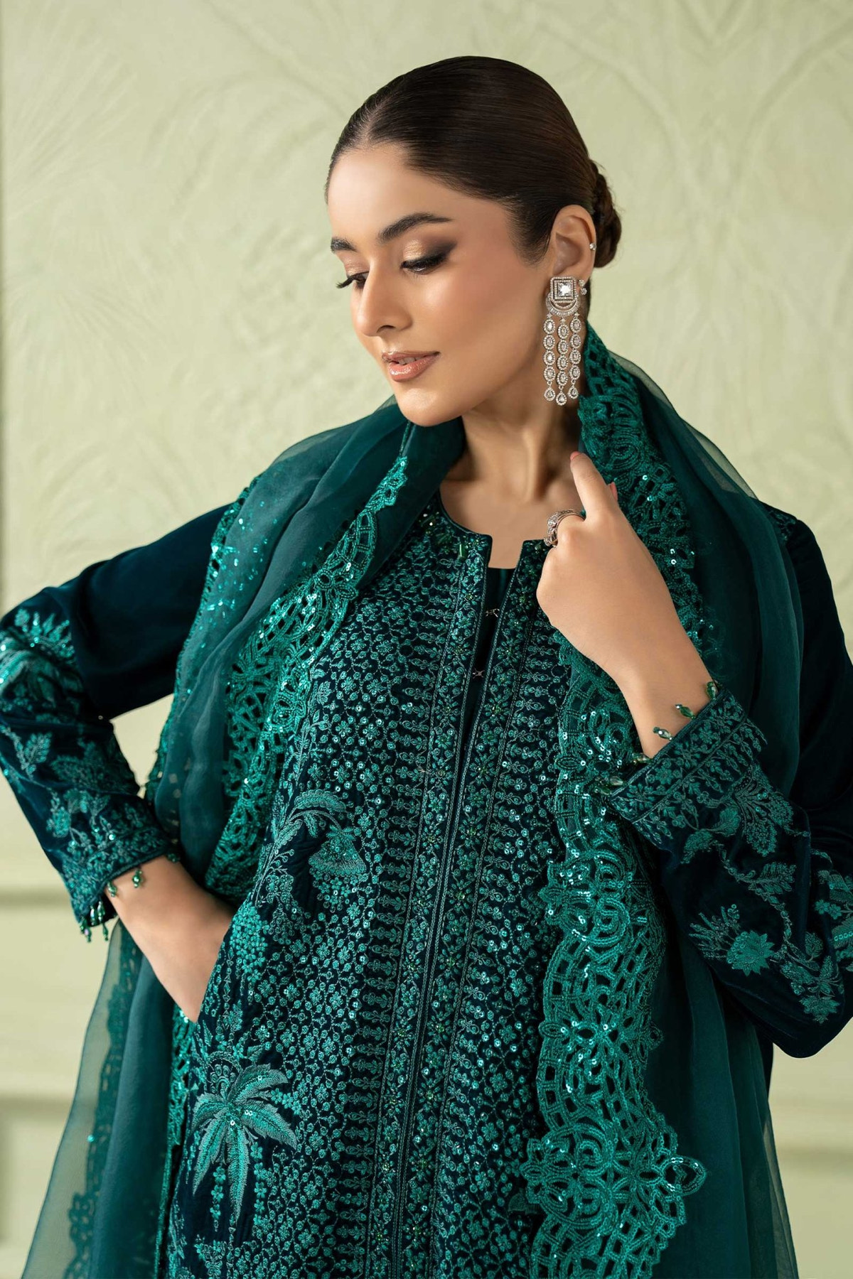 Maria B | RTW | 3 Piece Embroidered Velvet Suit-Brand:Maria B-Type:Luxury Formals-Green - House of Maryam- Buy in UK, USA