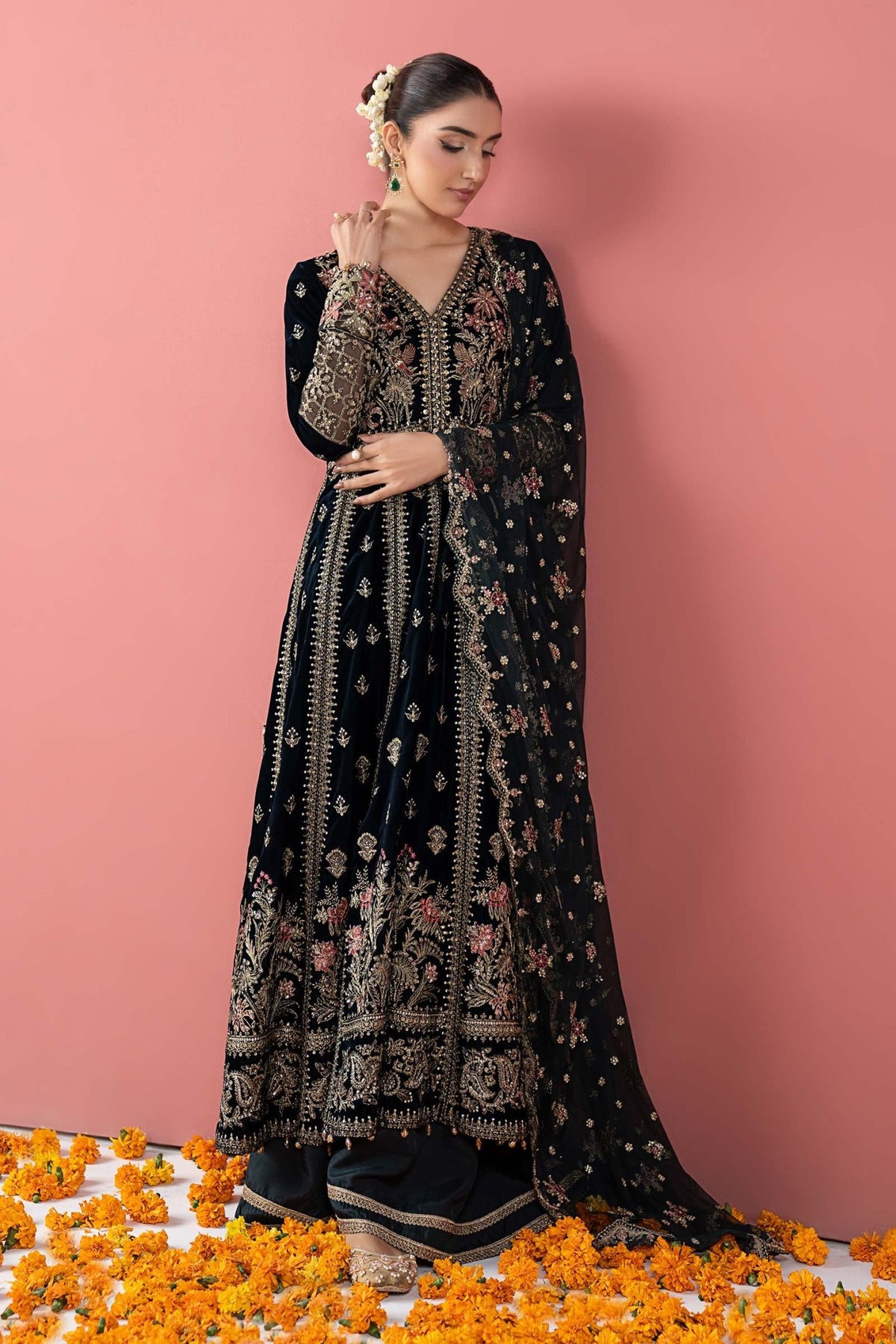 Maria B | RTW | 3 Piece Embroidered Velvet Suit-Brand:Maria B-Type:Luxury Formals-Green - House of Maryam- Buy in UK, USA