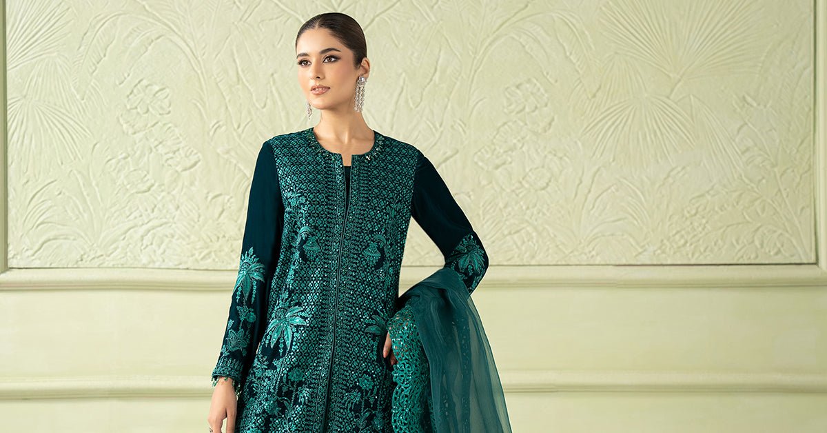 Maria B | RTW | 3 Piece Embroidered Velvet Suit-Brand:Maria B-Type:Luxury Formals-Green - House of Maryam- Buy in UK, USA