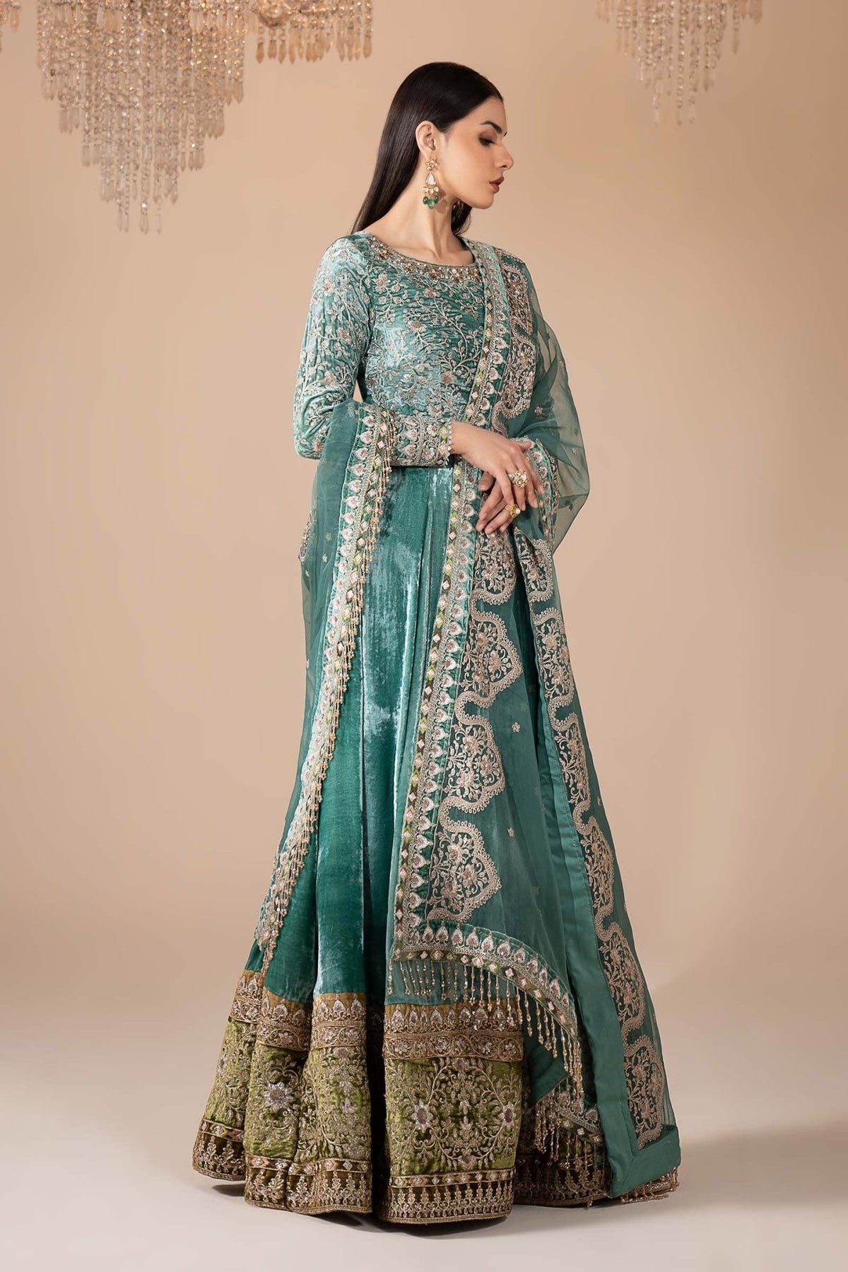 Maria B | RTW | 3 Piece Embroidered Velvet Suit-Brand:Maria B-Type:Luxury Formals-Green - House of Maryam- Buy in UK, USA