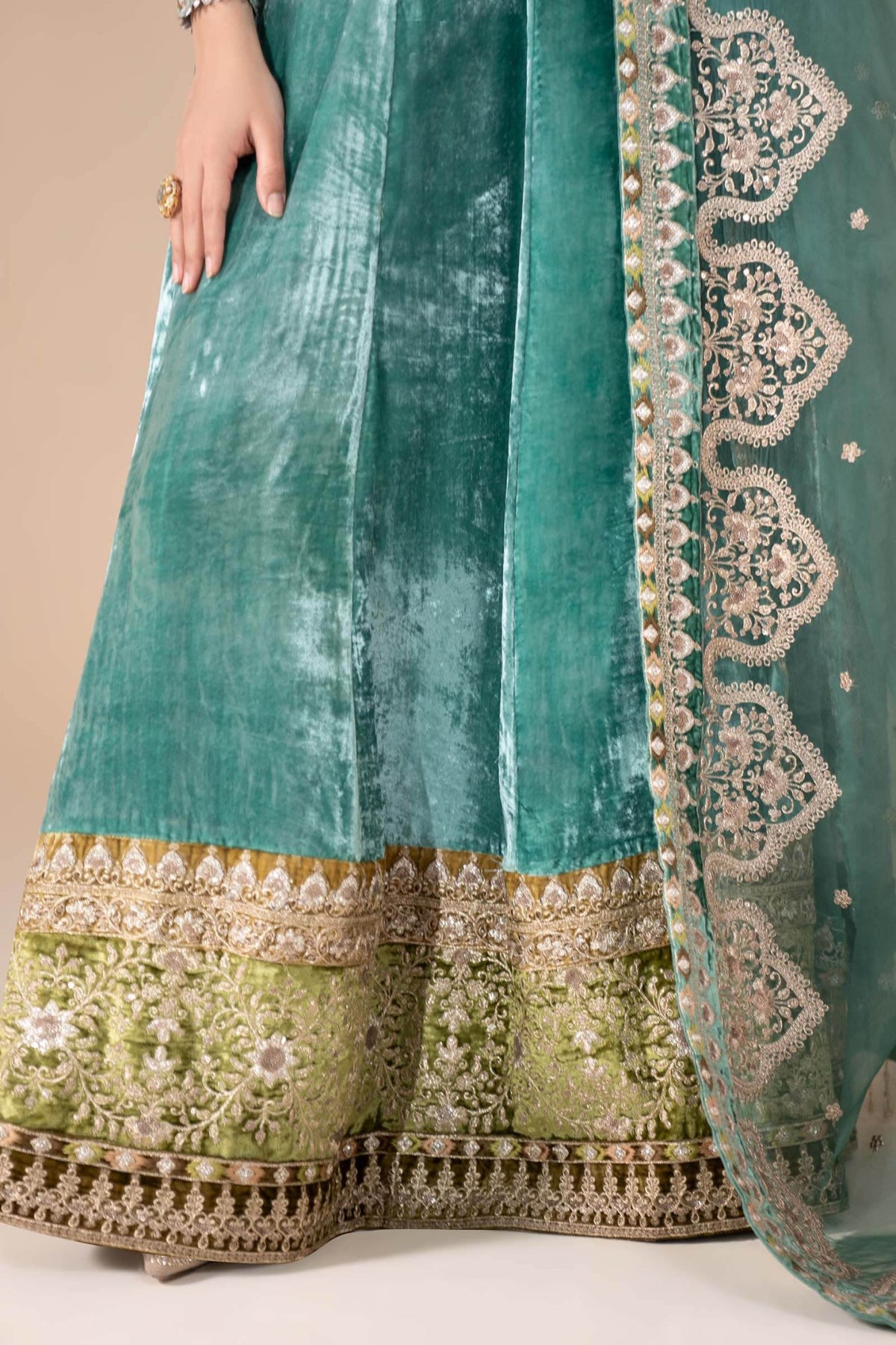 Maria B | RTW | 3 Piece Embroidered Velvet Suit-Brand:Maria B-Type:Luxury Formals-Green - House of Maryam- Buy in UK, USA