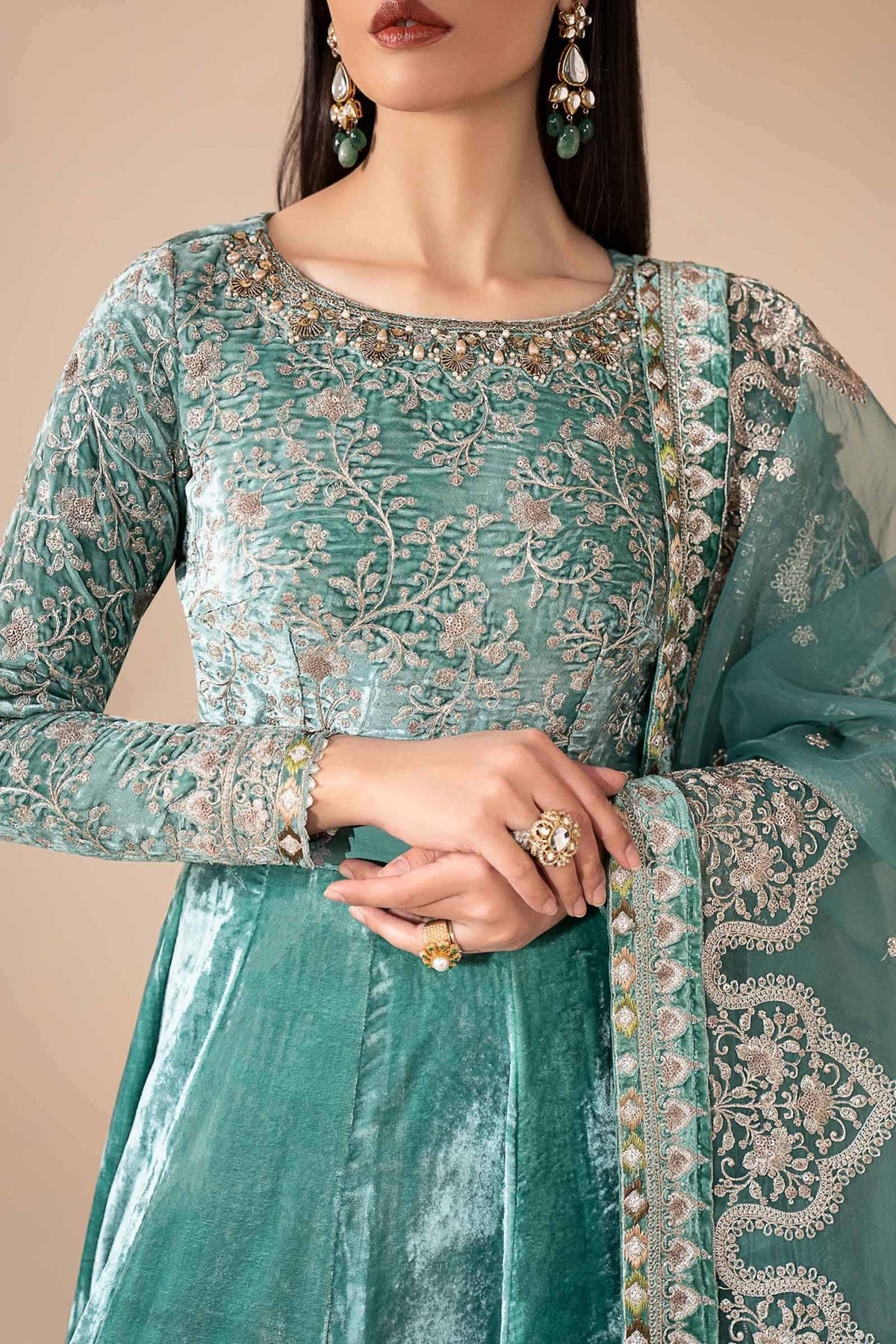 Maria B | RTW | 3 Piece Embroidered Velvet Suit-Brand:Maria B-Type:Luxury Formals-Green - House of Maryam- Buy in UK, USA