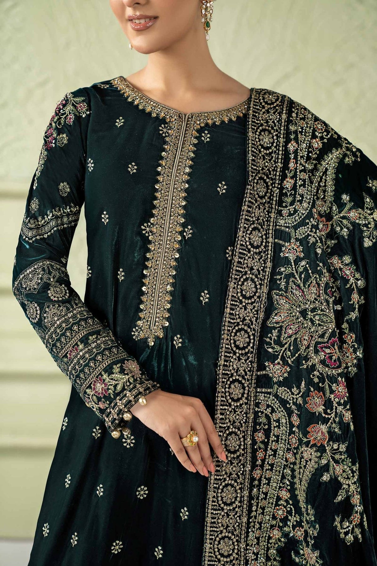 Maria B | RTW | 3 Piece Embroidered Velvet Suit-Brand:Maria B-Type:Luxury Formals-Green - House of Maryam- Buy in UK, USA