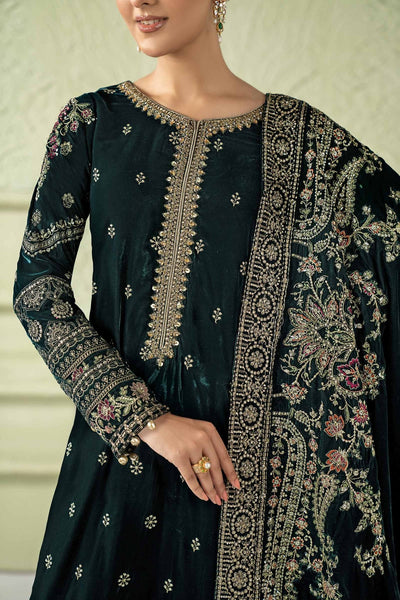 Maria B | RTW | 3 Piece Embroidered Velvet Suit-Brand:Maria B-Type:Luxury Formals-Green - House of Maryam- Buy in UK, USA