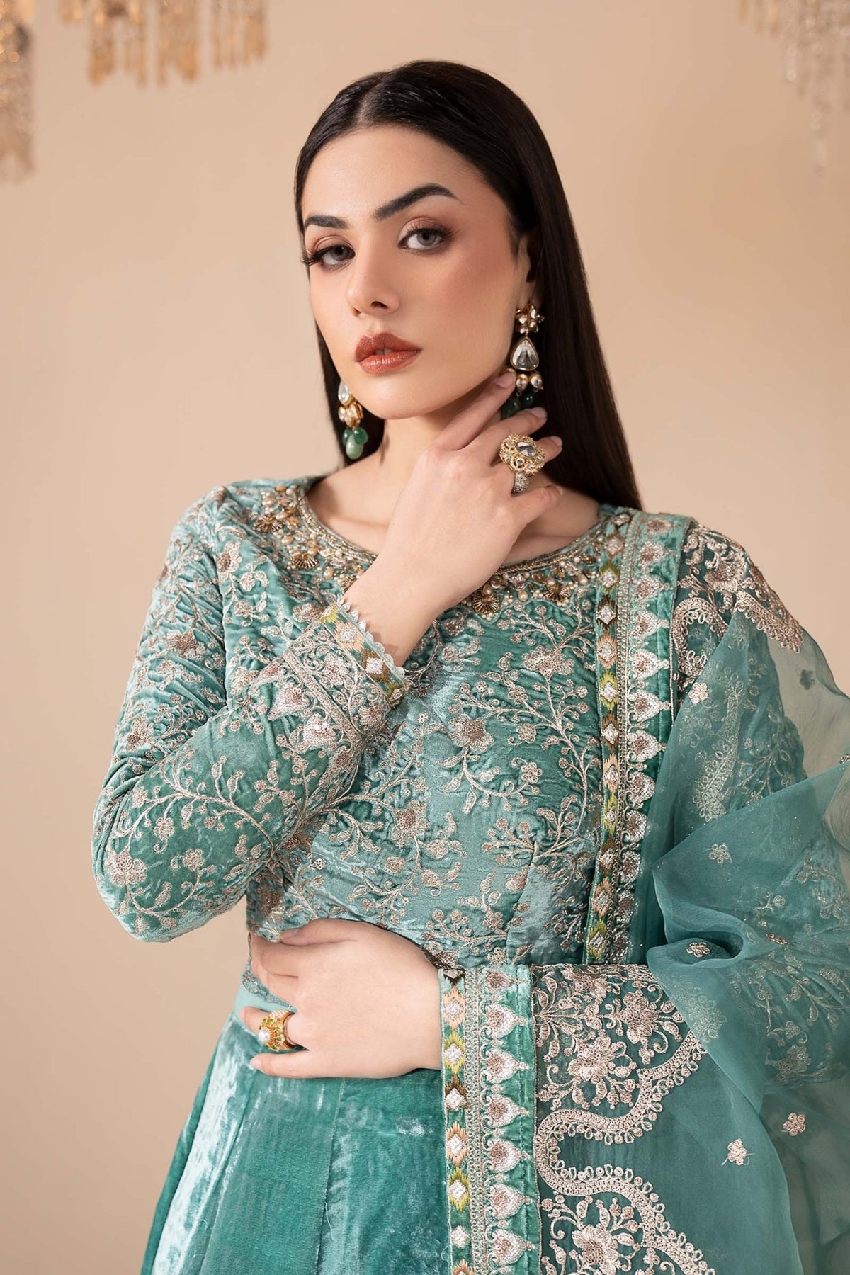 Maria B | RTW | 3 Piece Embroidered Velvet Suit-Brand:Maria B-Type:Luxury Formals-Green - House of Maryam- Buy in UK, USA