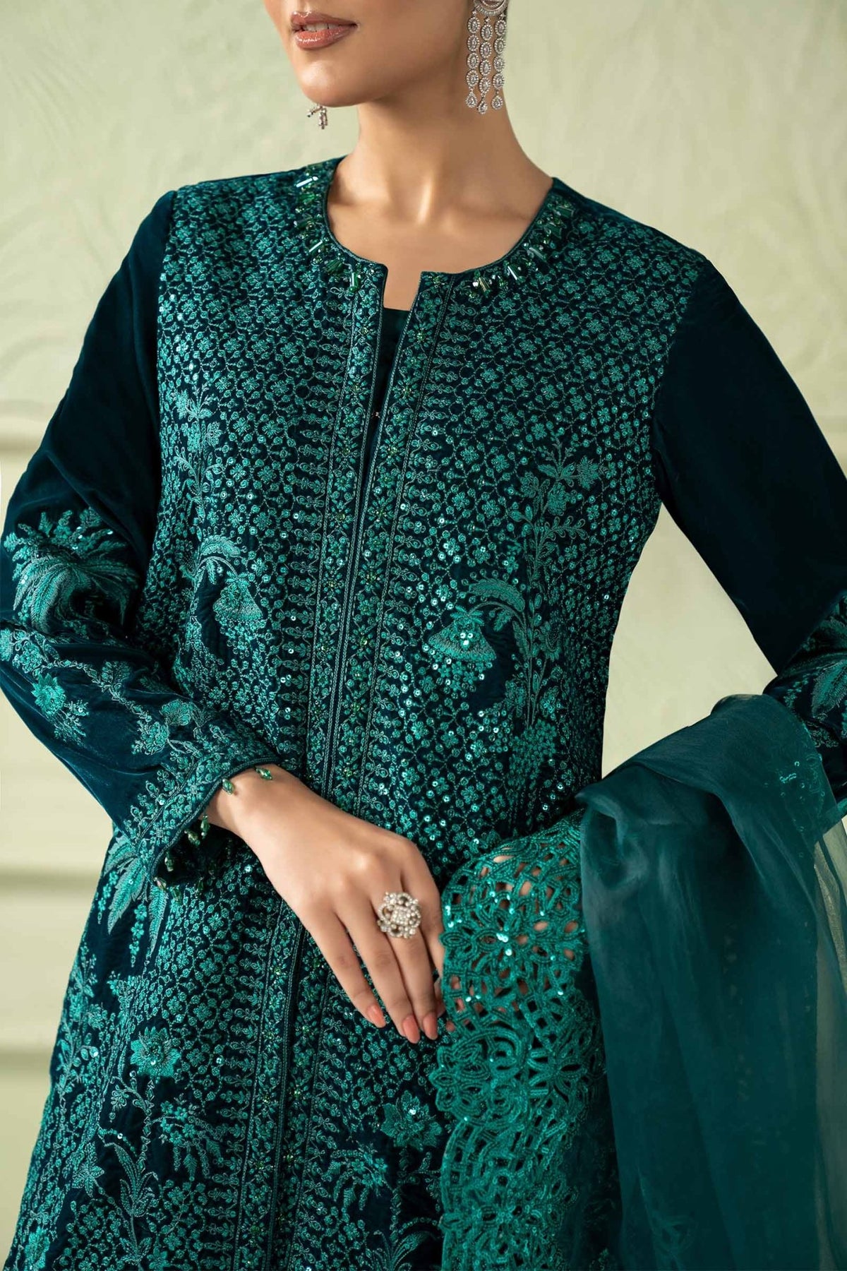 Maria B | RTW | 3 Piece Embroidered Velvet Suit-Brand:Maria B-Type:Luxury Formals-Green - House of Maryam- Buy in UK, USA
