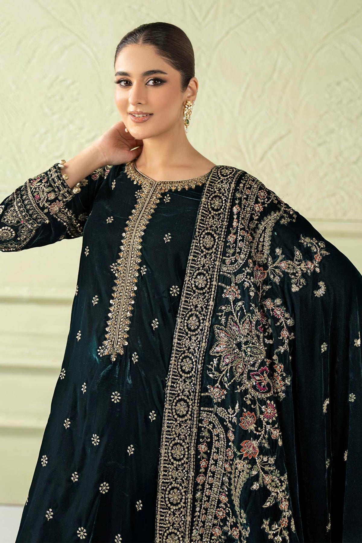 Maria B | RTW | 3 Piece Embroidered Velvet Suit-Brand:Maria B-Type:Luxury Formals-Green - House of Maryam- Buy in UK, USA