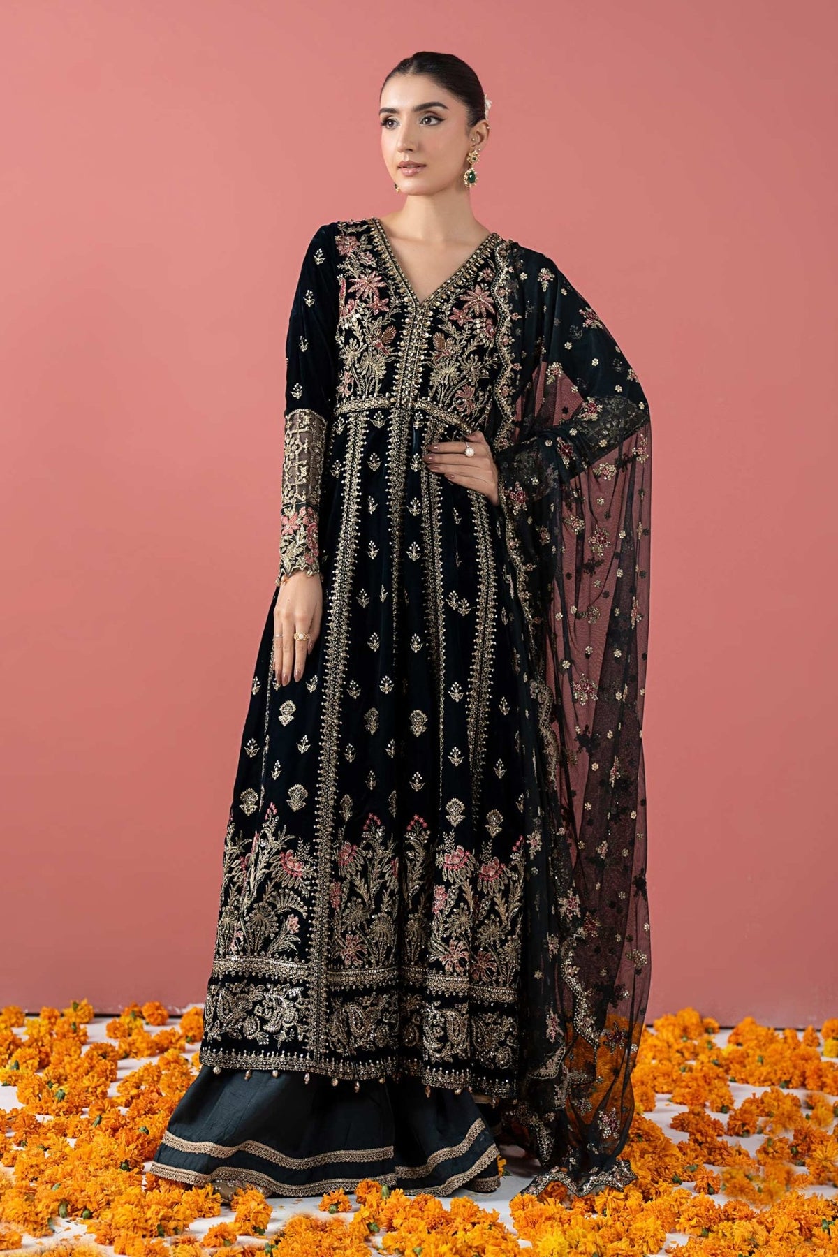 Maria B | RTW | 3 Piece Embroidered Velvet Suit-Brand:Maria B-Type:Luxury Formals-Green - House of Maryam- Buy in UK, USA