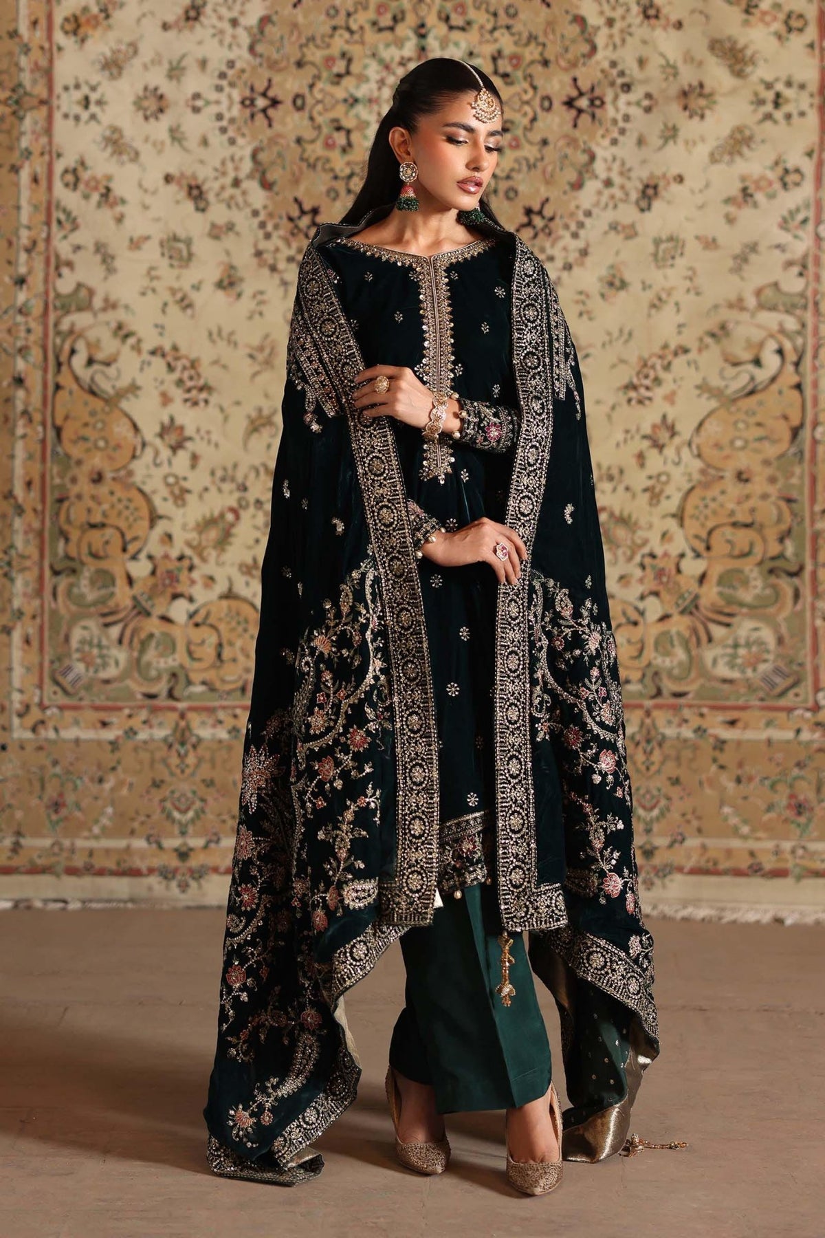 Maria B | RTW | 3 Piece Embroidered Velvet Suit-Brand:Maria B-Type:Luxury Formals-Green - House of Maryam- Buy in UK, USA