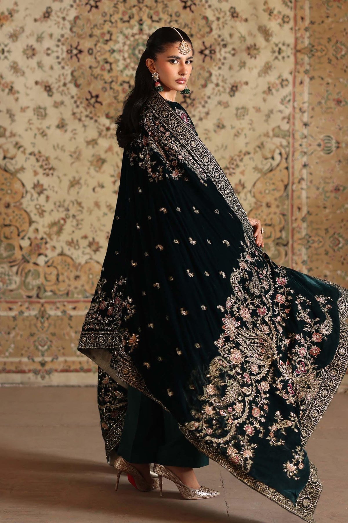 Maria B | RTW | 3 Piece Embroidered Velvet Suit-Brand:Maria B-Type:Luxury Formals-Green - House of Maryam- Buy in UK, USA
