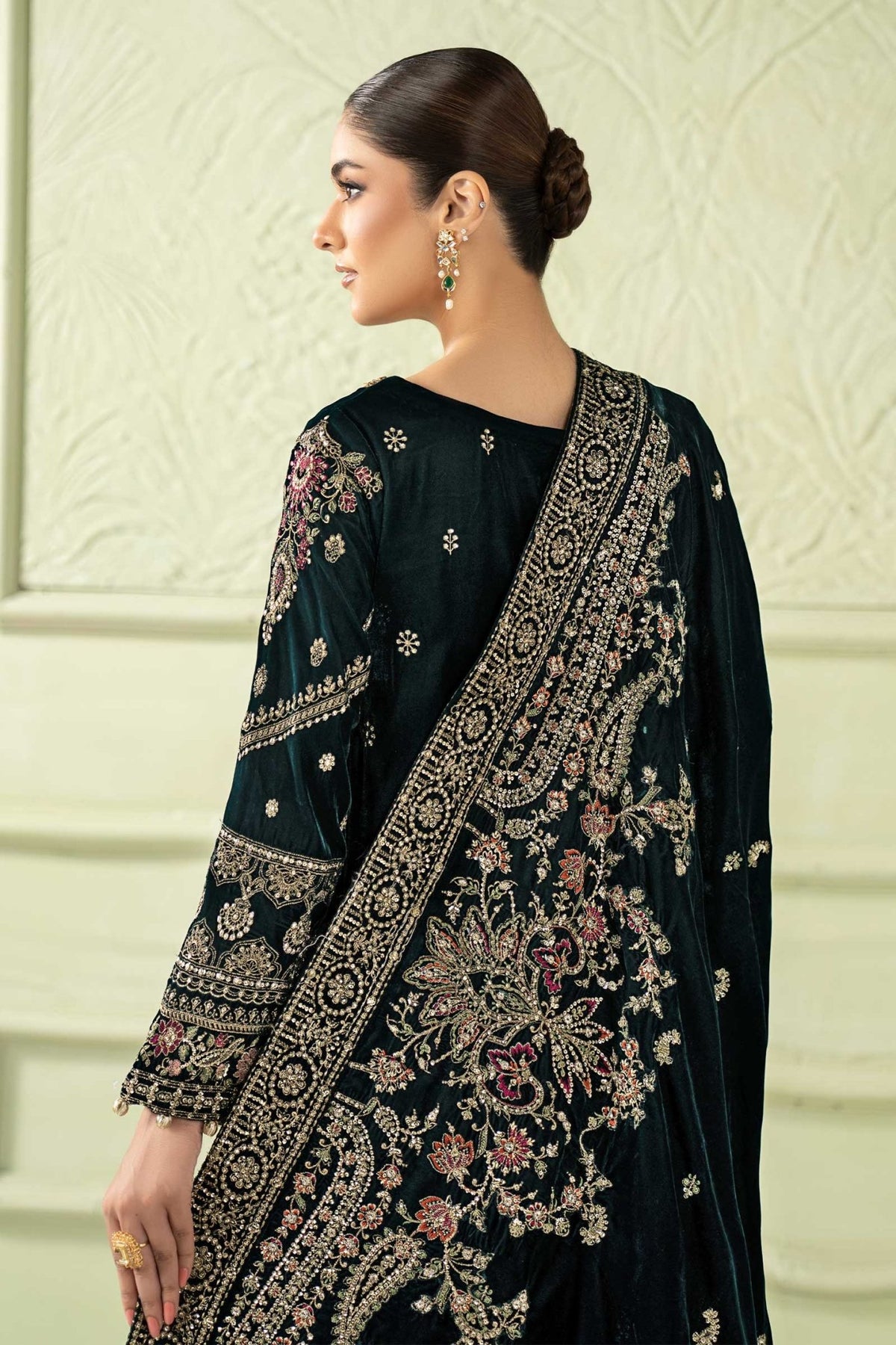 Maria B | RTW | 3 Piece Embroidered Velvet Suit-Brand:Maria B-Type:Luxury Formals-Green - House of Maryam- Buy in UK, USA