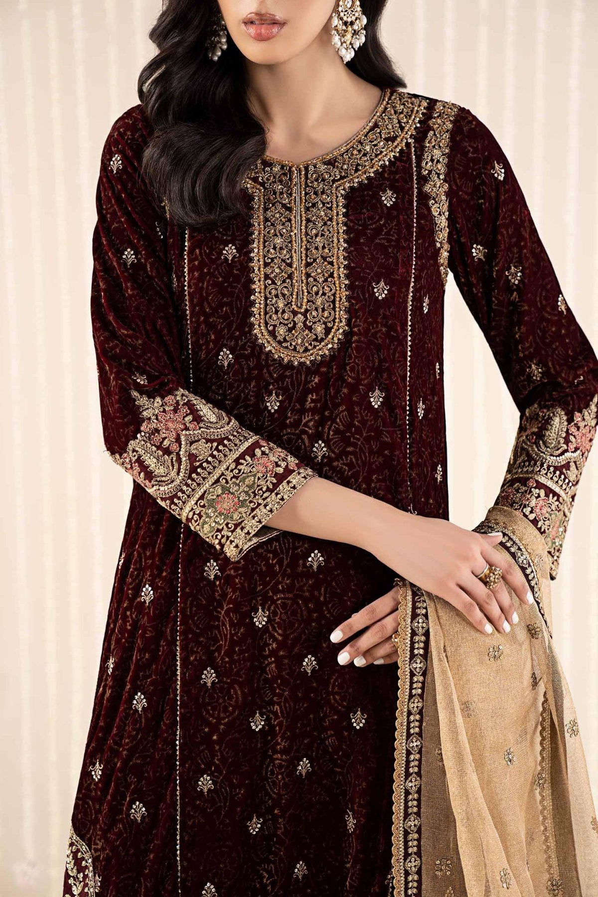 Maria B | RTW | 3 Piece Embroidered Velvet Suit-Brand:Maria B-Type:Luxury Formals-Maroon - House of Maryam- Buy in UK, USA