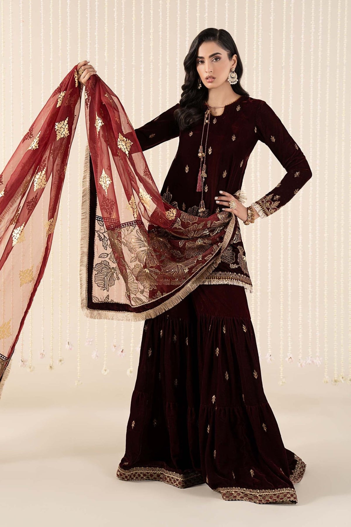 Maria B | RTW | 3 Piece Embroidered Velvet Suit-Brand:Maria B-Type:Luxury Formals-Maroon - House of Maryam- Buy in UK, USA