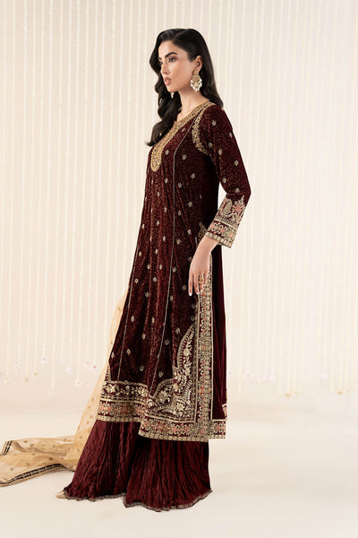 Maria B | RTW | 3 Piece Embroidered Velvet Suit-Brand:Maria B-Type:Luxury Formals-Maroon - House of Maryam- Buy in UK, USA