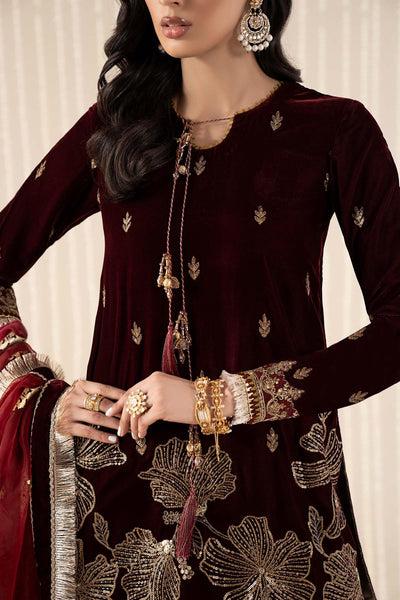Maria B | RTW | 3 Piece Embroidered Velvet Suit-Brand:Maria B-Type:Luxury Formals-Maroon - House of Maryam- Buy in UK, USA