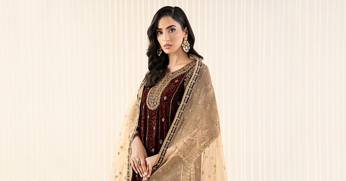 Maria B | RTW | 3 Piece Embroidered Velvet Suit-Brand:Maria B-Type:Luxury Formals-Maroon - House of Maryam- Buy in UK, USA
