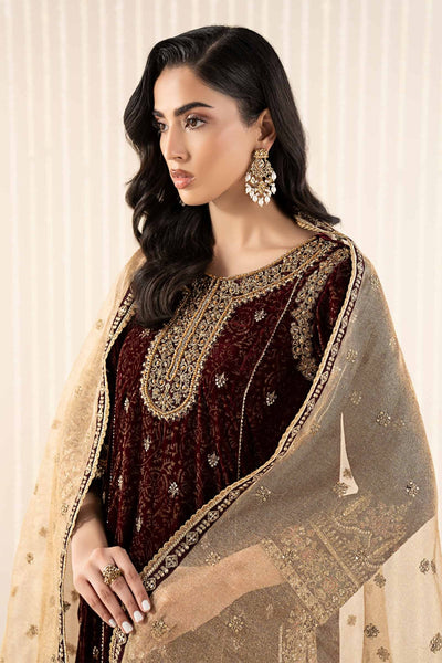 Maria B | RTW | 3 Piece Embroidered Velvet Suit-Brand:Maria B-Type:Luxury Formals-Maroon - House of Maryam- Buy in UK, USA