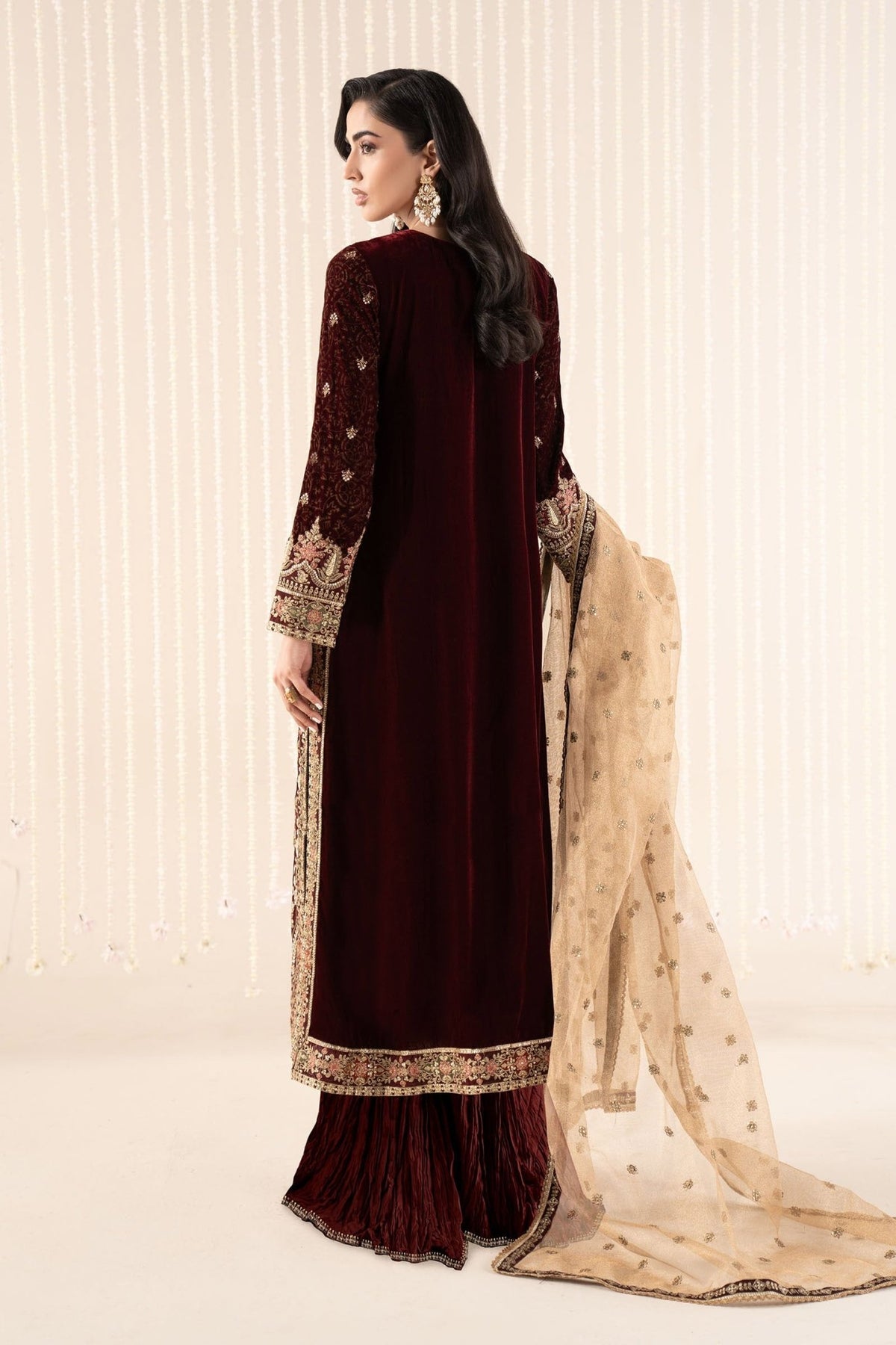 Maria B | RTW | 3 Piece Embroidered Velvet Suit-Brand:Maria B-Type:Luxury Formals-Maroon - House of Maryam- Buy in UK, USA