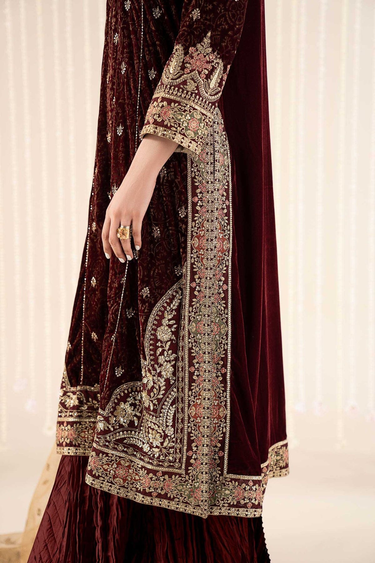Maria B | RTW | 3 Piece Embroidered Velvet Suit-Brand:Maria B-Type:Luxury Formals-Maroon - House of Maryam- Buy in UK, USA