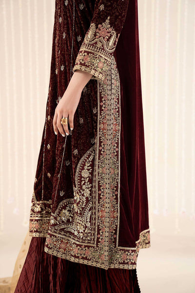 Maria B | RTW | 3 Piece Embroidered Velvet Suit-Brand:Maria B-Type:Luxury Formals-Maroon - House of Maryam- Buy in UK, USA
