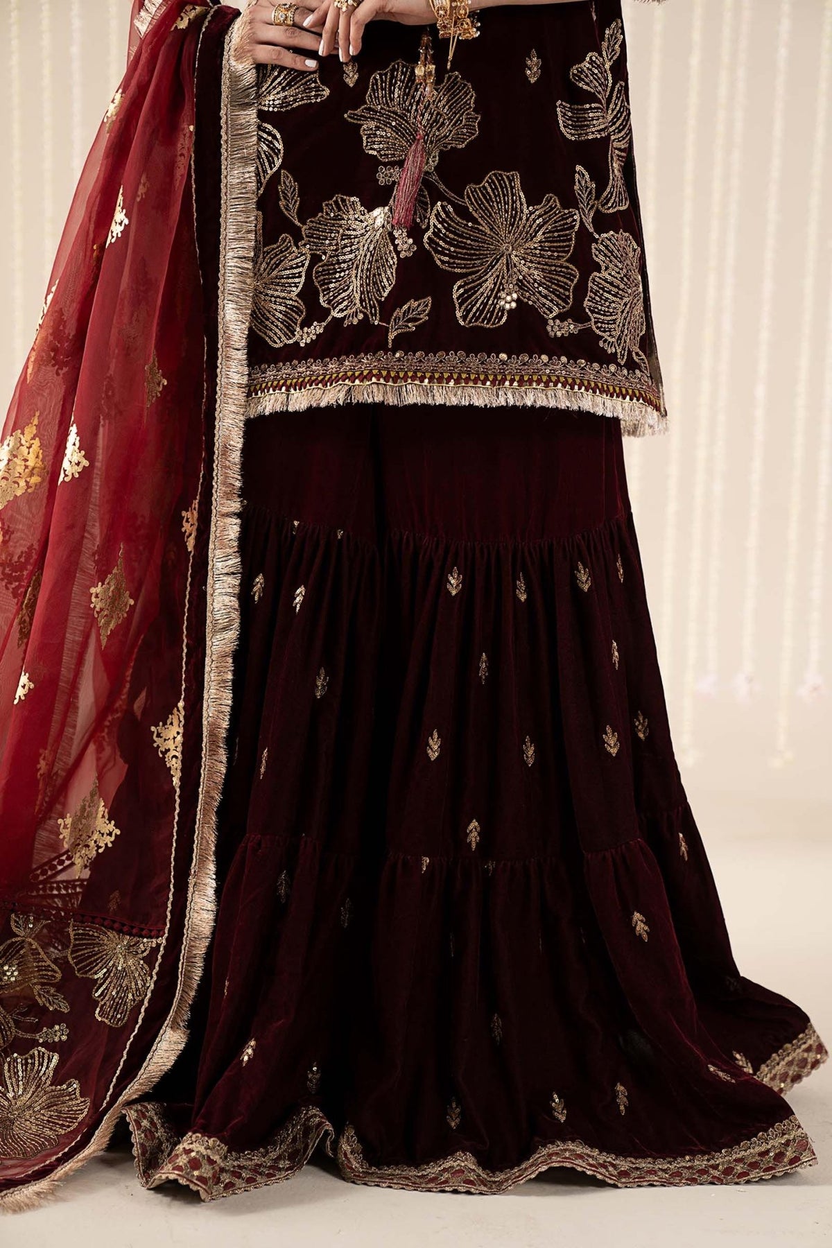Maria B | RTW | 3 Piece Embroidered Velvet Suit-Brand:Maria B-Type:Luxury Formals-Maroon - House of Maryam- Buy in UK, USA