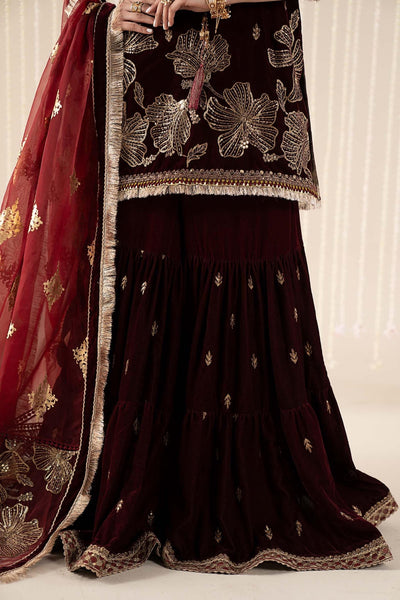 Maria B | RTW | 3 Piece Embroidered Velvet Suit-Brand:Maria B-Type:Luxury Formals-Maroon - House of Maryam- Buy in UK, USA