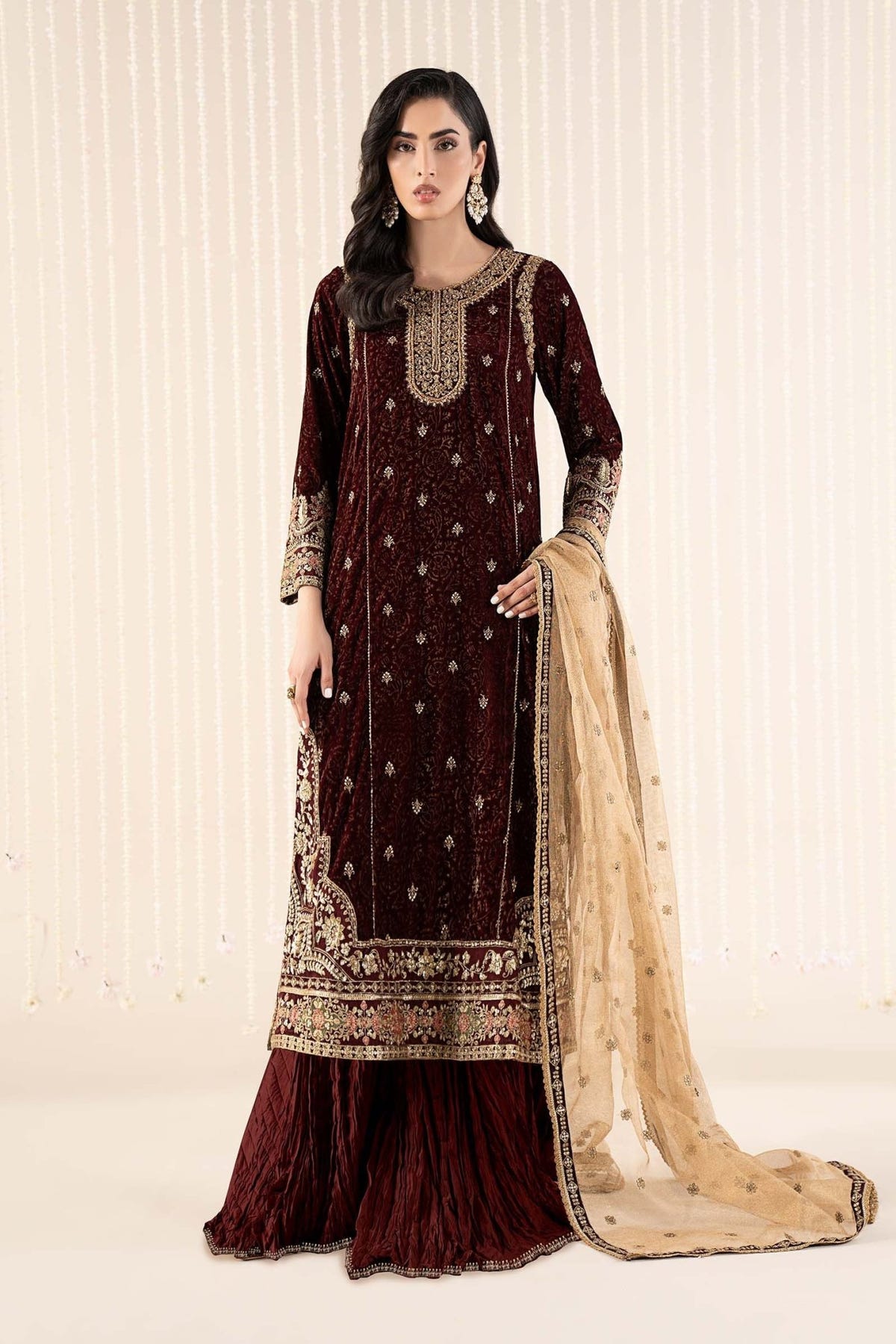 Maria B | RTW | 3 Piece Embroidered Velvet Suit-Brand:Maria B-Type:Luxury Formals-Maroon - House of Maryam- Buy in UK, USA
