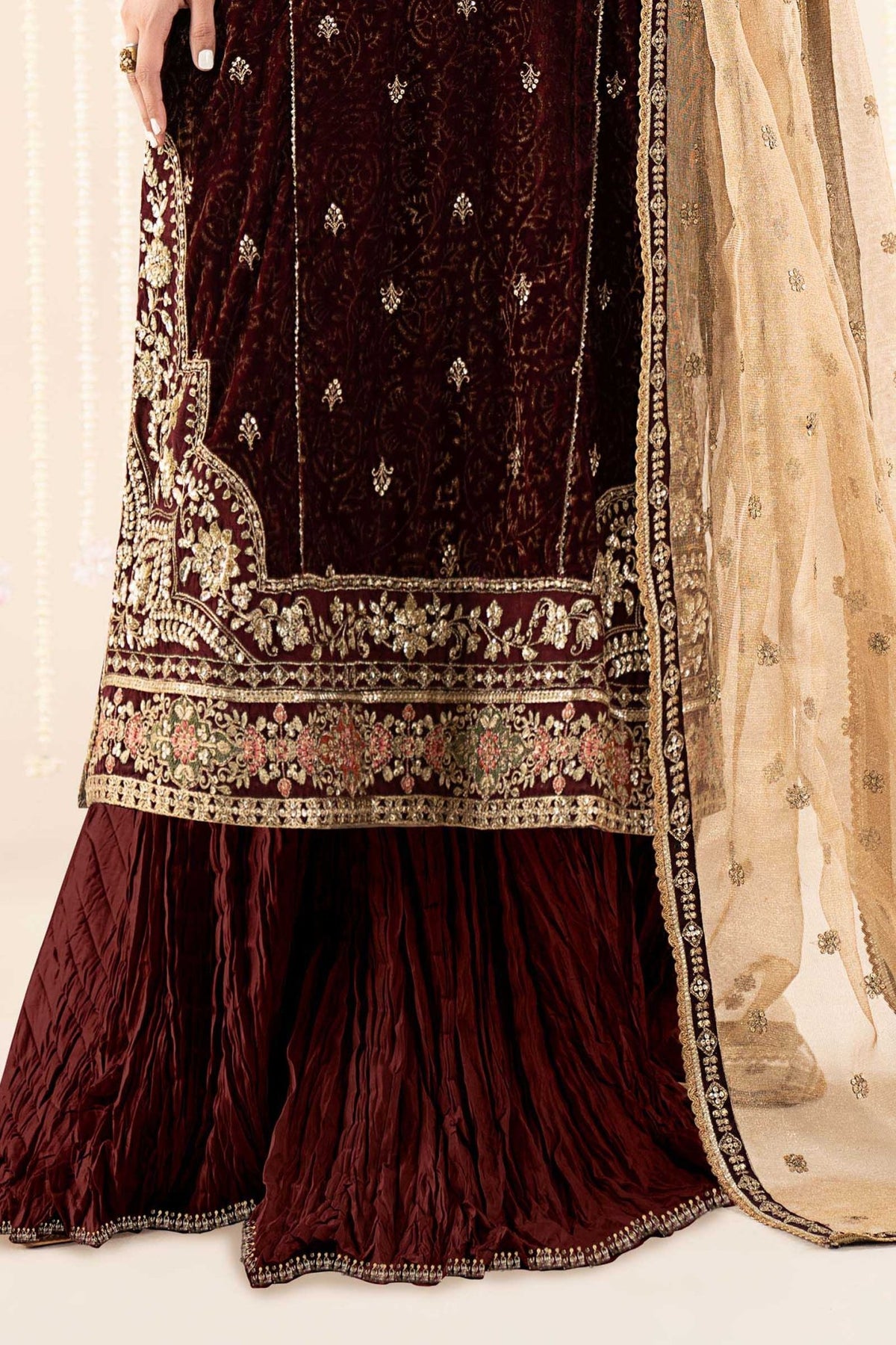 Maria B | RTW | 3 Piece Embroidered Velvet Suit-Brand:Maria B-Type:Luxury Formals-Maroon - House of Maryam- Buy in UK, USA