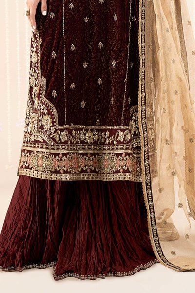 Maria B | RTW | 3 Piece Embroidered Velvet Suit-Brand:Maria B-Type:Luxury Formals-Maroon - House of Maryam- Buy in UK, USA